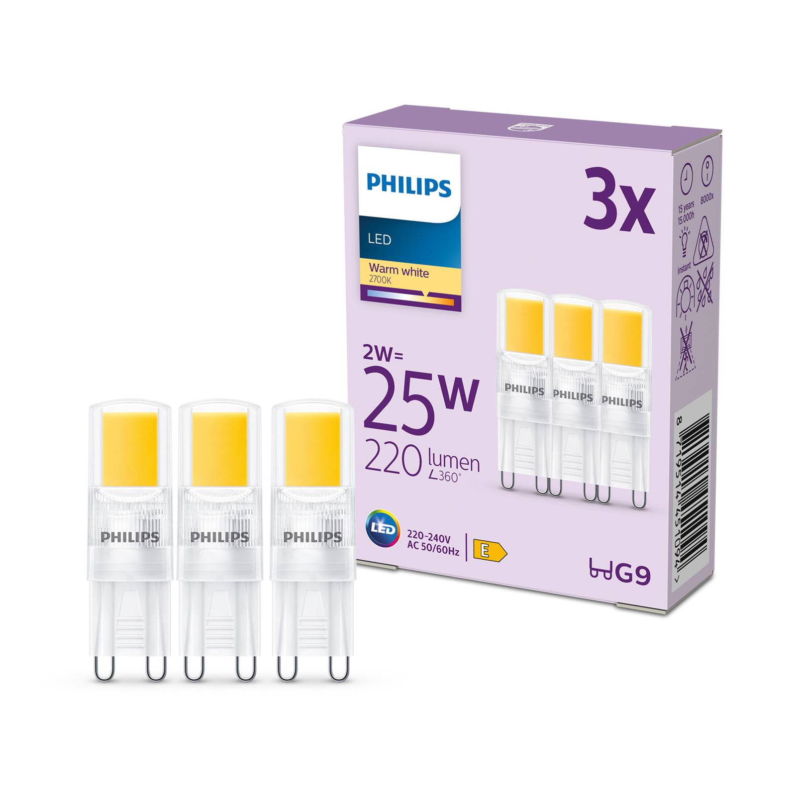 Philips-LED-lamppu G9 2W 220lm 2700K kirkas 3 kpl