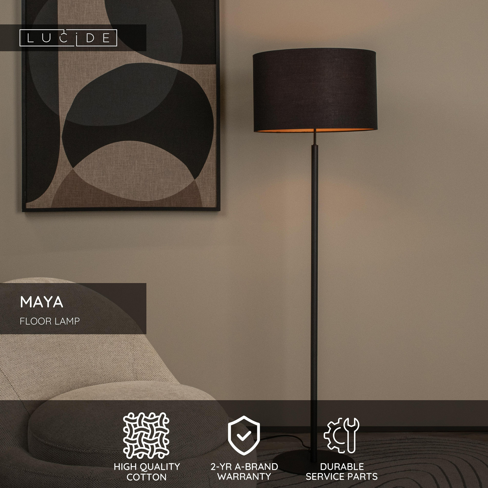 Stojna svetilka MAYA, črna, višina 150 cm, tekstil, E27