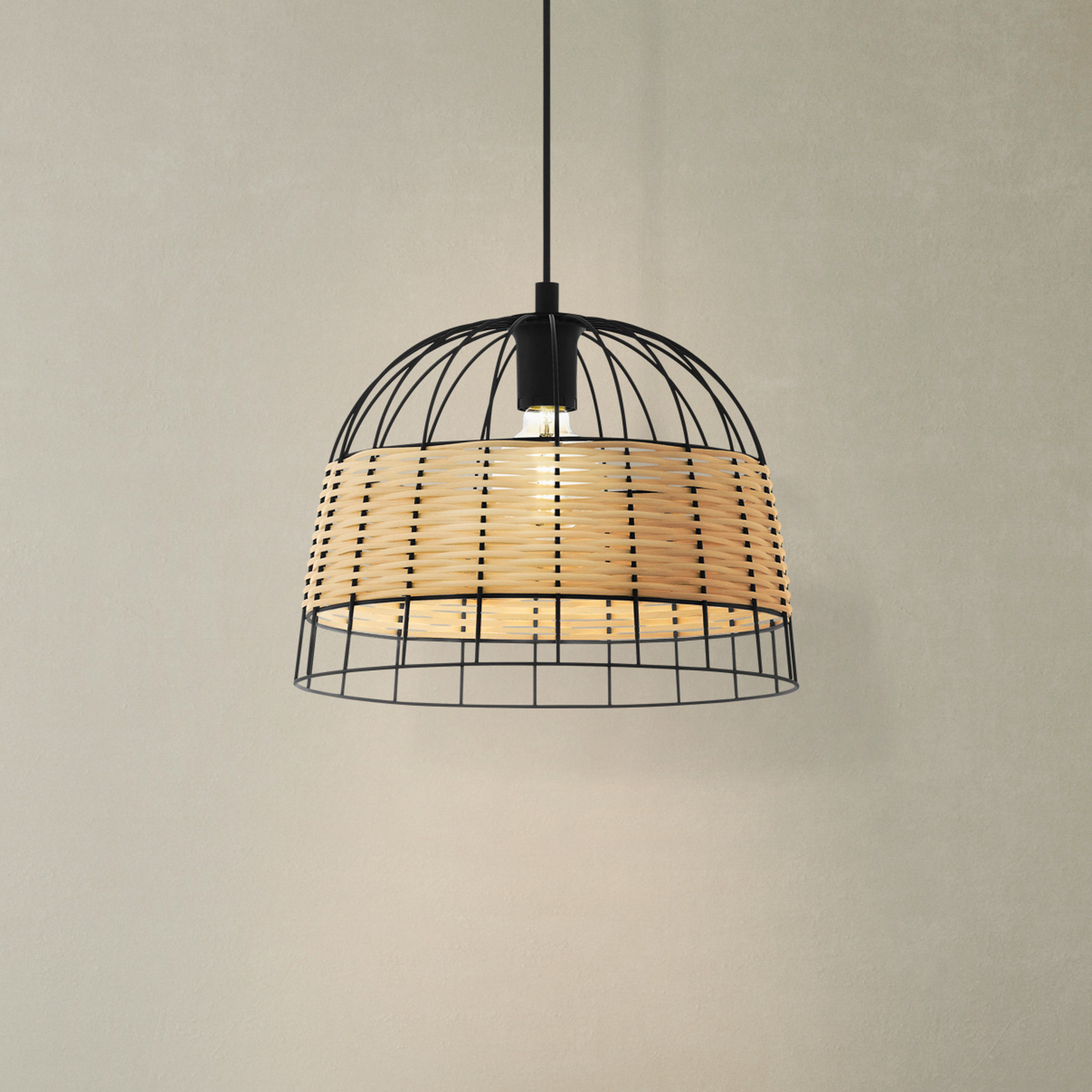 EGLO Lampă suspendată Anwick din oțel/ratan Ø 37 cm - Camera de zi / sufragerie - Vintage - negru lemn deschis la culoare