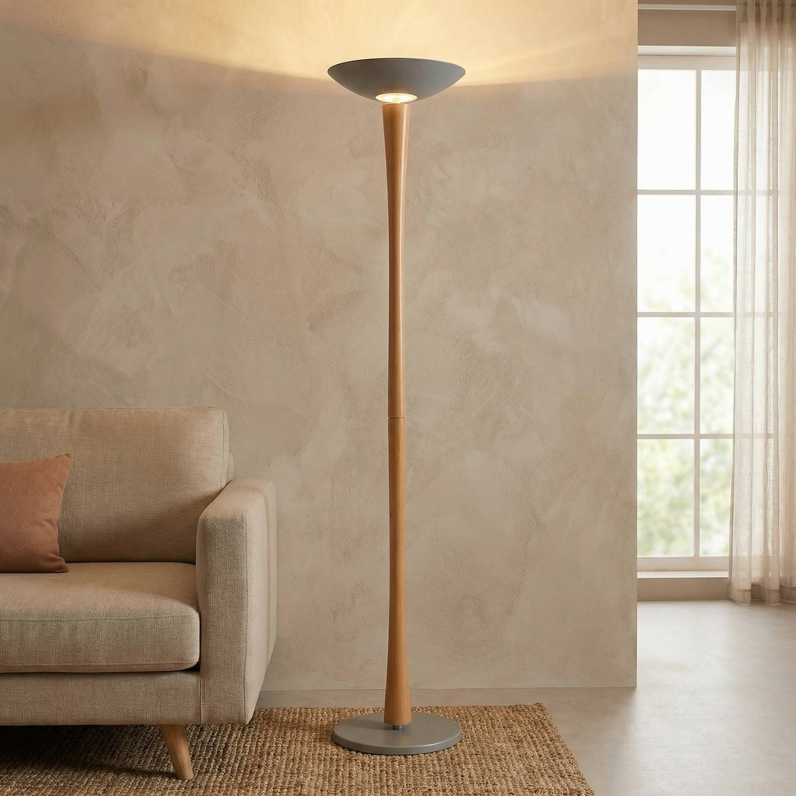 Aluminor Eden lampadaire à éclairage indirect LED, bois de poirier, gris, 4 000