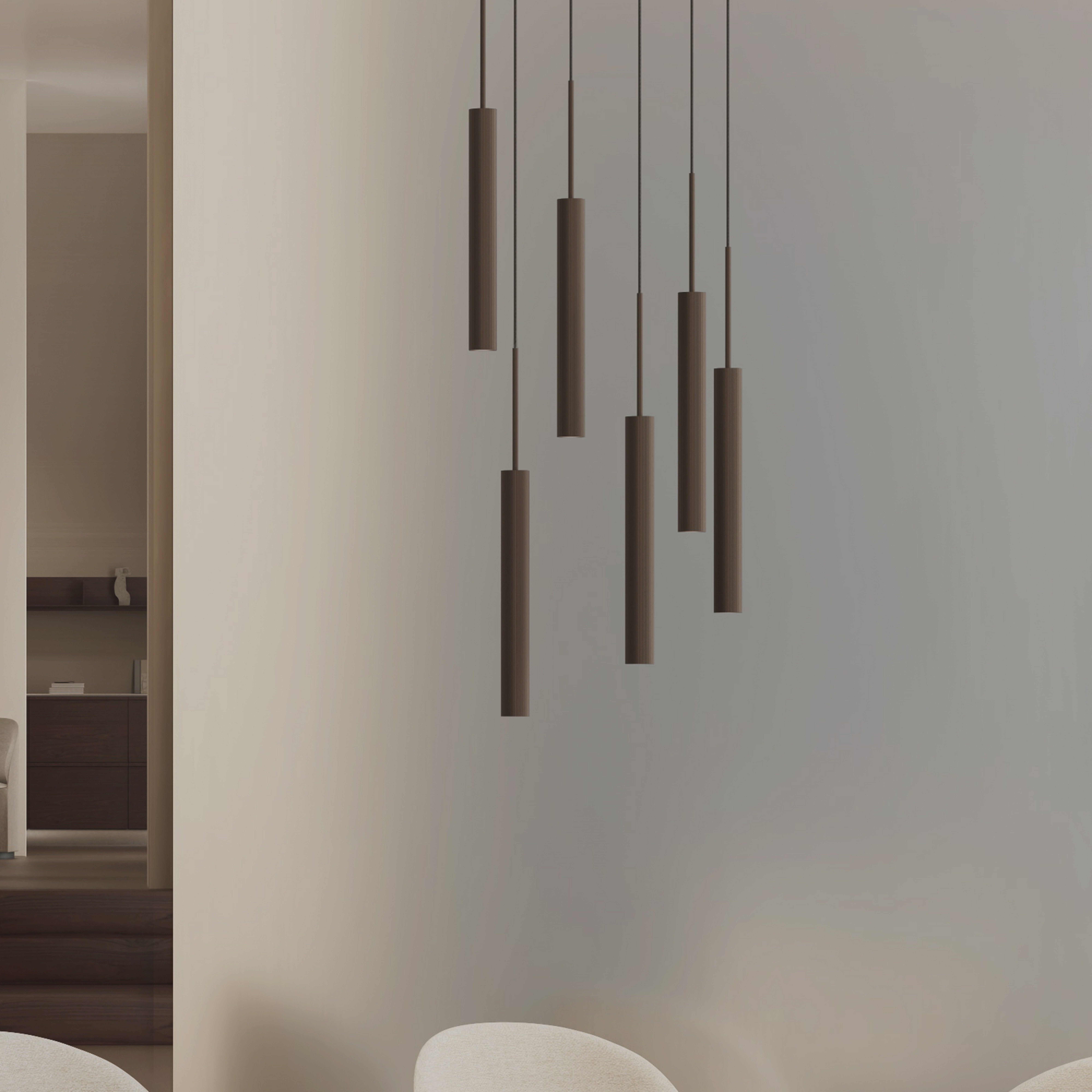 Audo Hängeleuchte Tubulaire, 6-flg, Ring, bronze, Alu