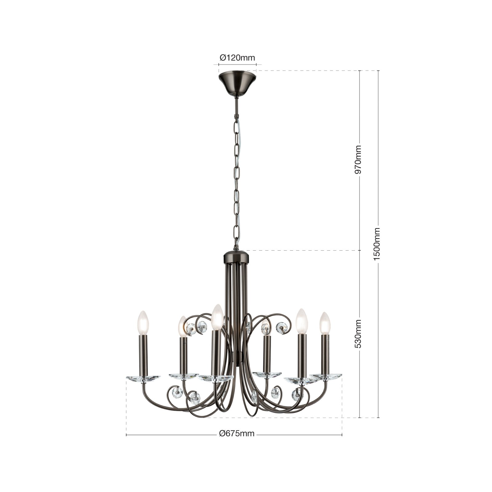 Candelabru Ariane, nichel, Ø 67,5 cm, cristal, 6 becuri.