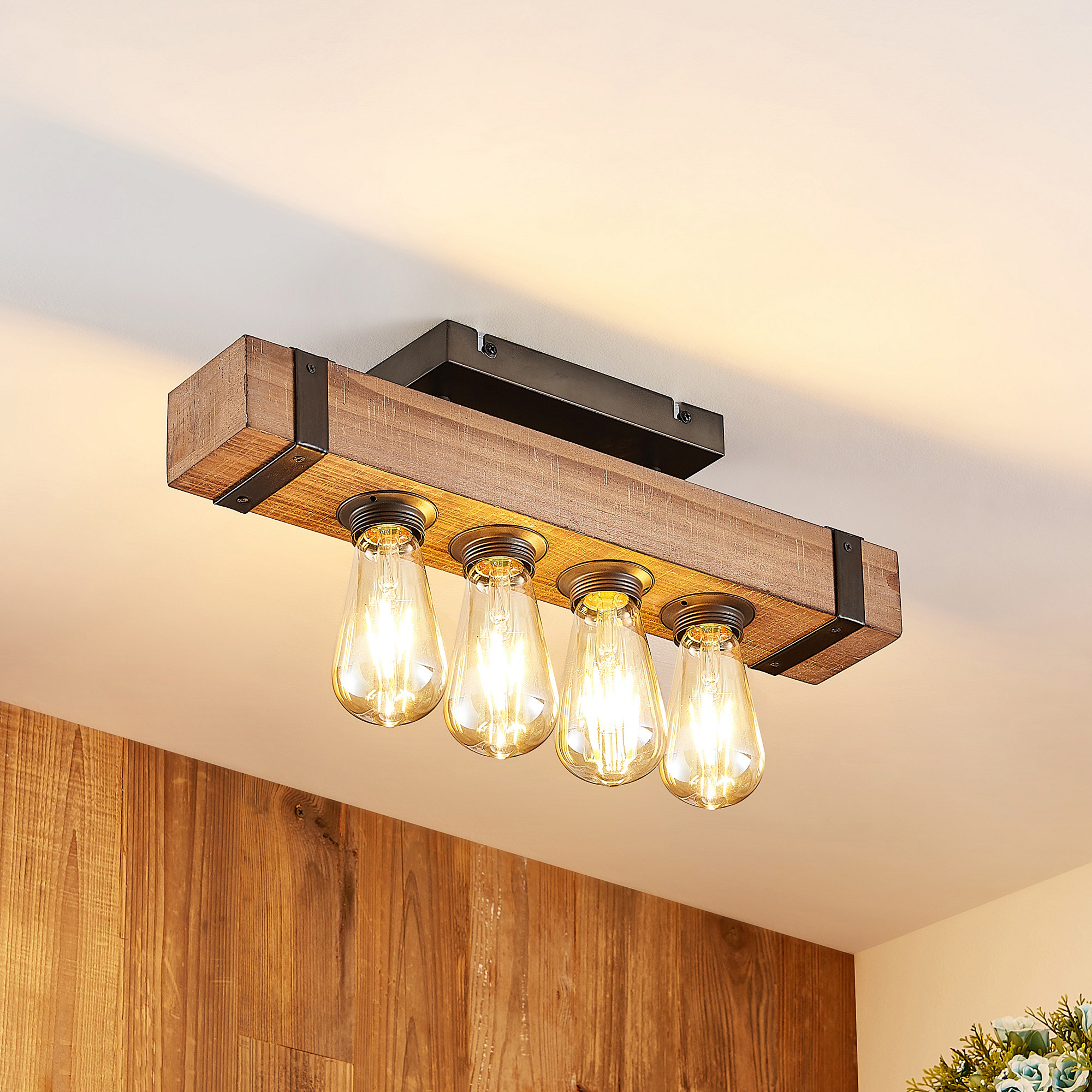 Lindby Deckenleuchte Sverina, 46 cm, braun, Holz, Metall