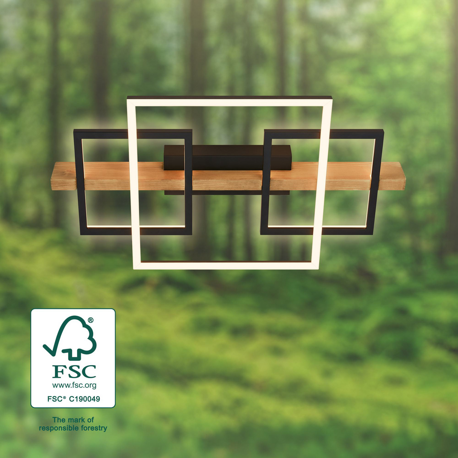 LED-Deckenleuchte Cadre, 3000K, 55cm, schwarz, Holz