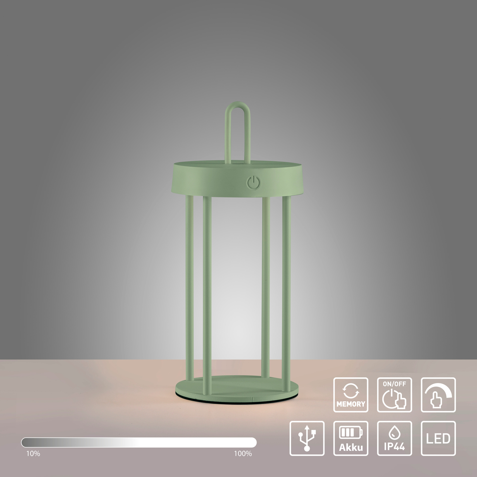 JUST LIGHT. Lámpara de mesa LED recargable Anselm, verde, 28 cm, hierro