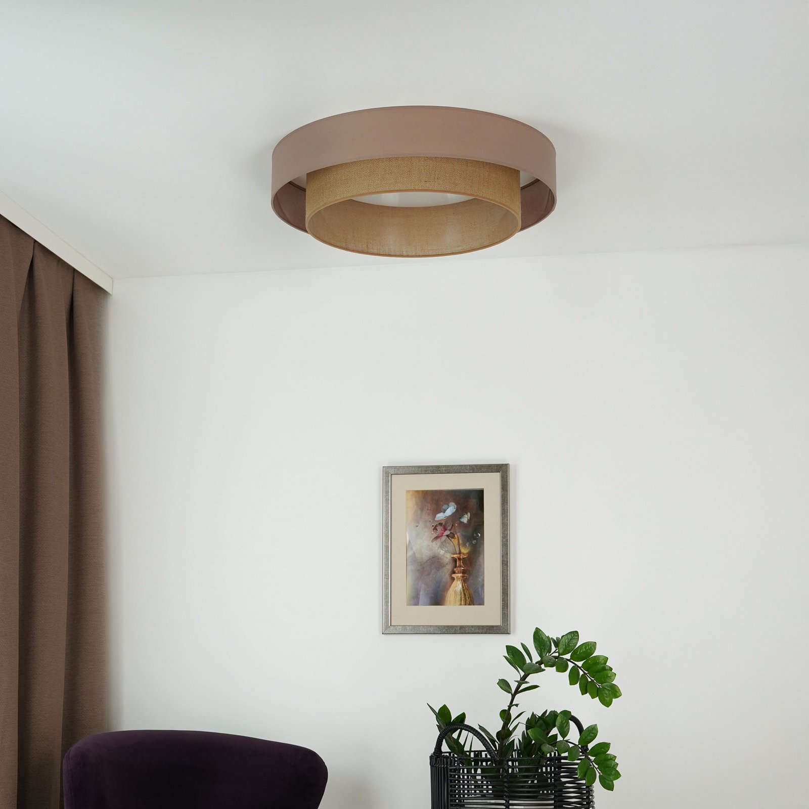 LED griestu gaisma Luneta, džuta, brūna, Ø 60 cm, 3 pakāpju dim