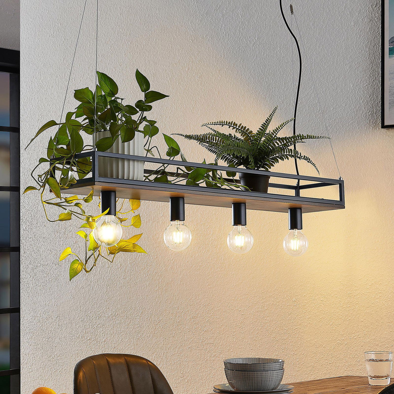 Lindby Kirista suspension, à quatre lampes, bois