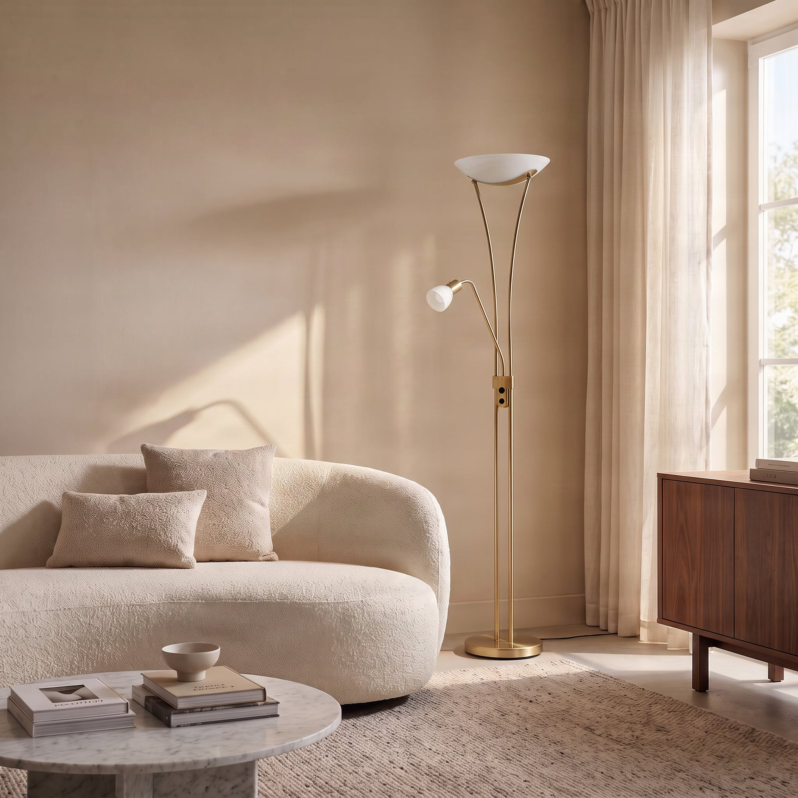 Lindby Felicia lampadaire à éclairage indirect avec lampe de lecture, laiton Lindby Felicia lampadaire à éclairage indirect avec lampe de lecture, laiton