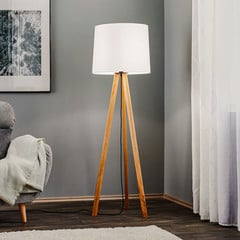 Quitani lámpara de pie Alos, roble, chintz blanco, trípode