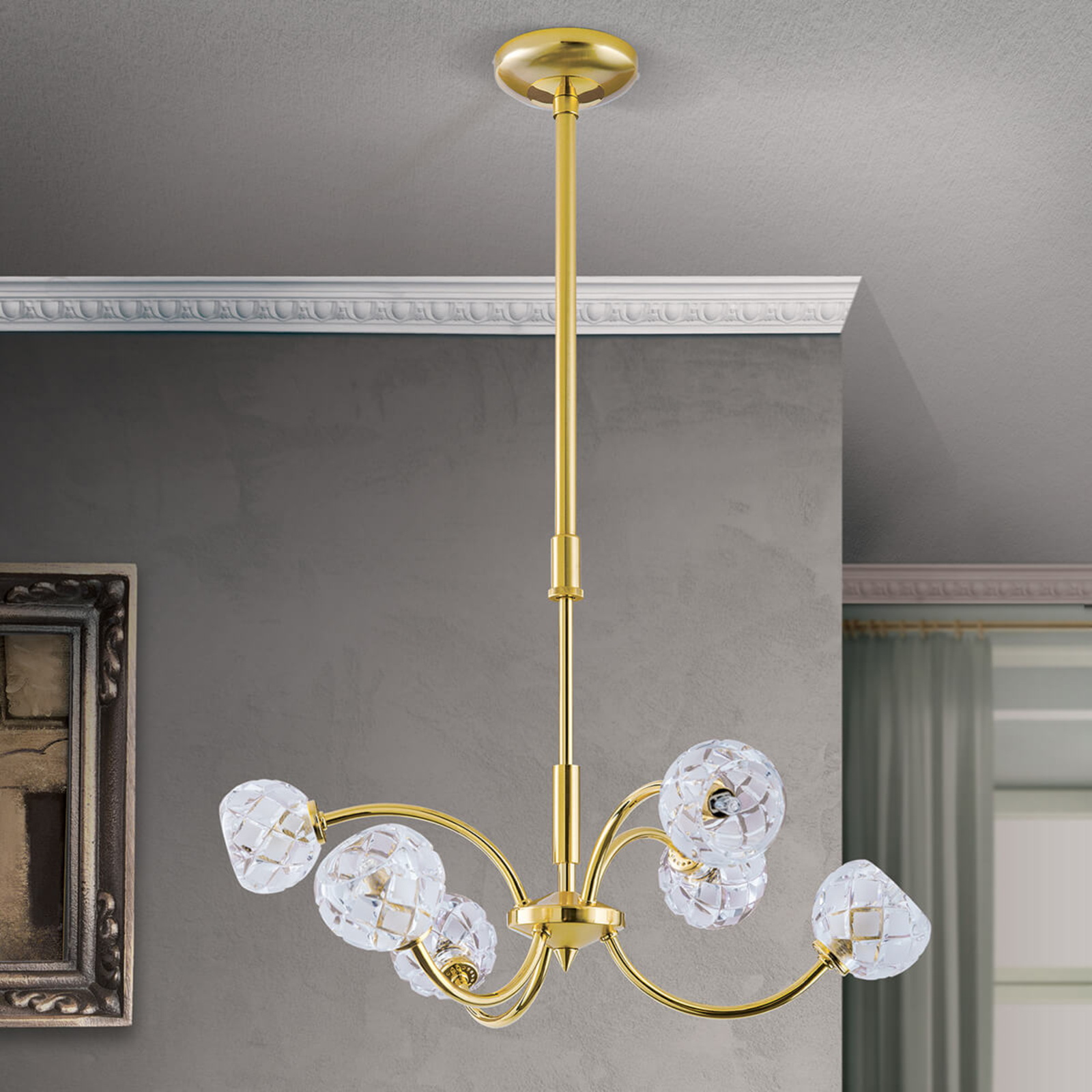 Loodkristal-hanglamp Maderno, goud, 51cm