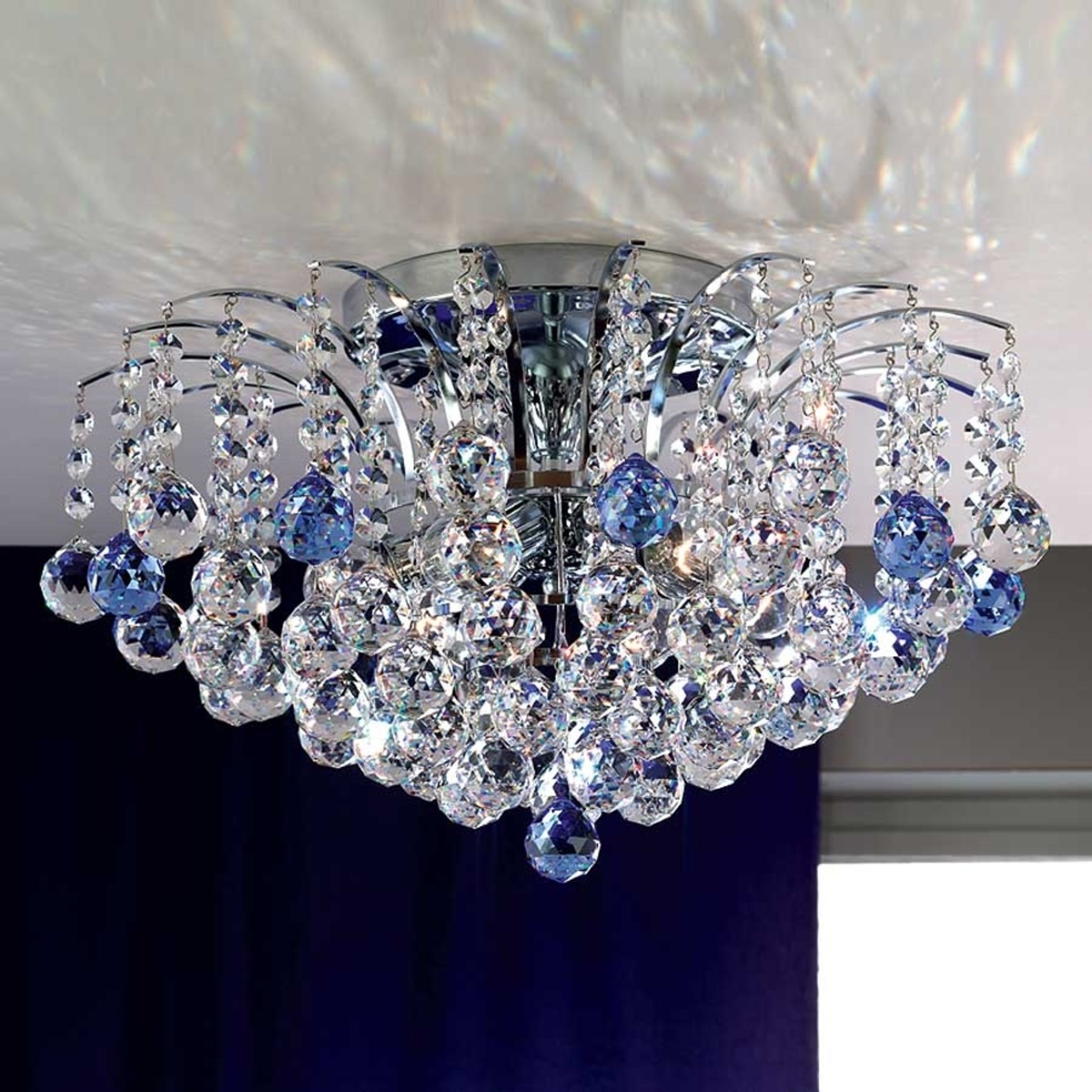 Orion Lennarda Crystal Ceiling Light Blue / Chrome, for Living / Dining Room, Solid brass, crystals, E14, 40 W, energy efficiency: A++, H: 38 cm