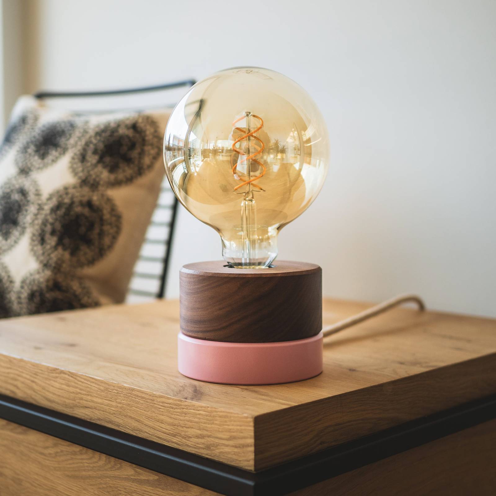Almut von Wildheim ALMUT 0239 table lamp, vegan, walnut/pale pink, for Living / Dining Room, walnut wood, E27, 52 W, H: 8 cm
