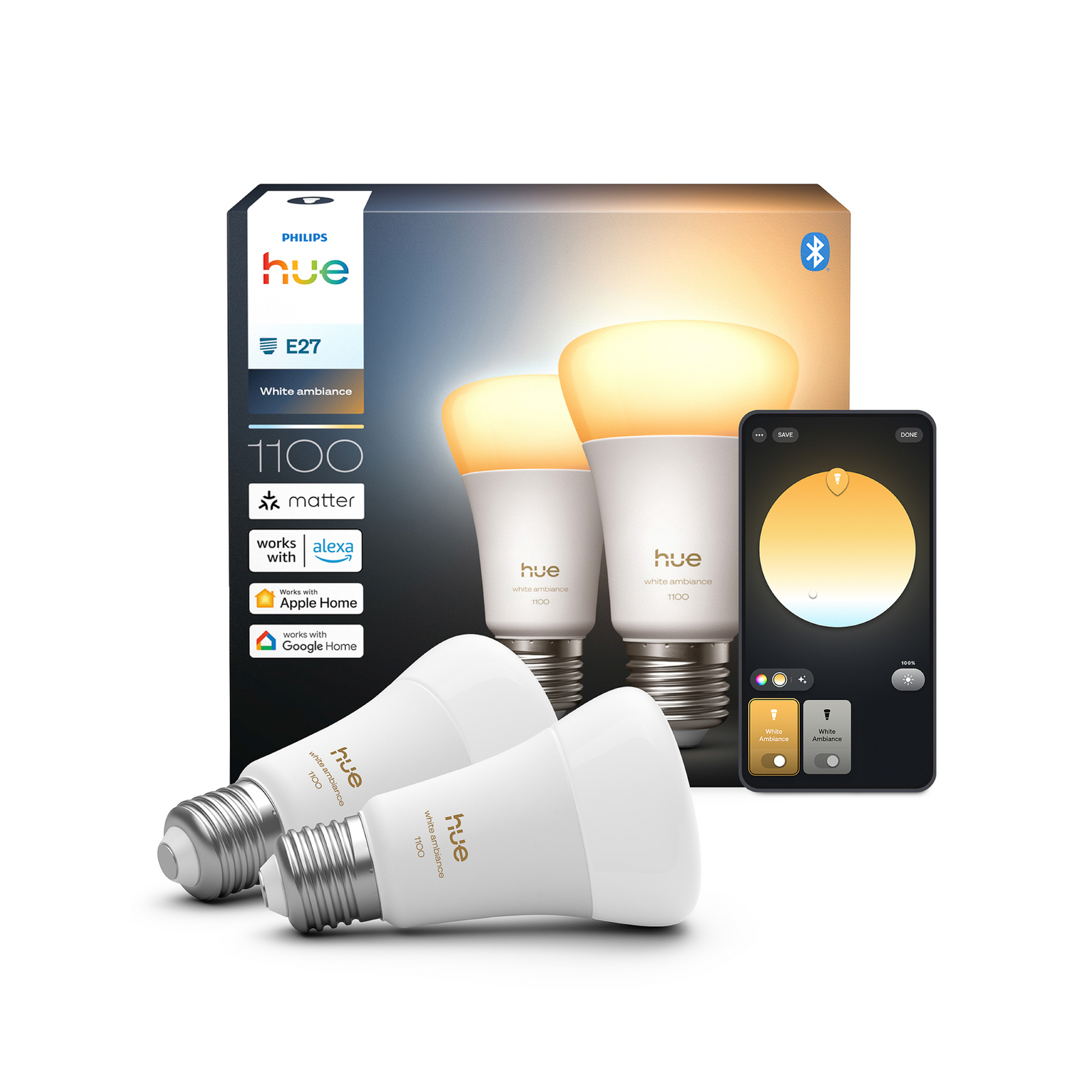 Philips Hue White Ambiance Smart E27 LED 8,1 W 1100 lm CCT 2-pack Philips Hue White Ambiance Smart E27 LED 8,1 W 1100 lm CCT 2-pack