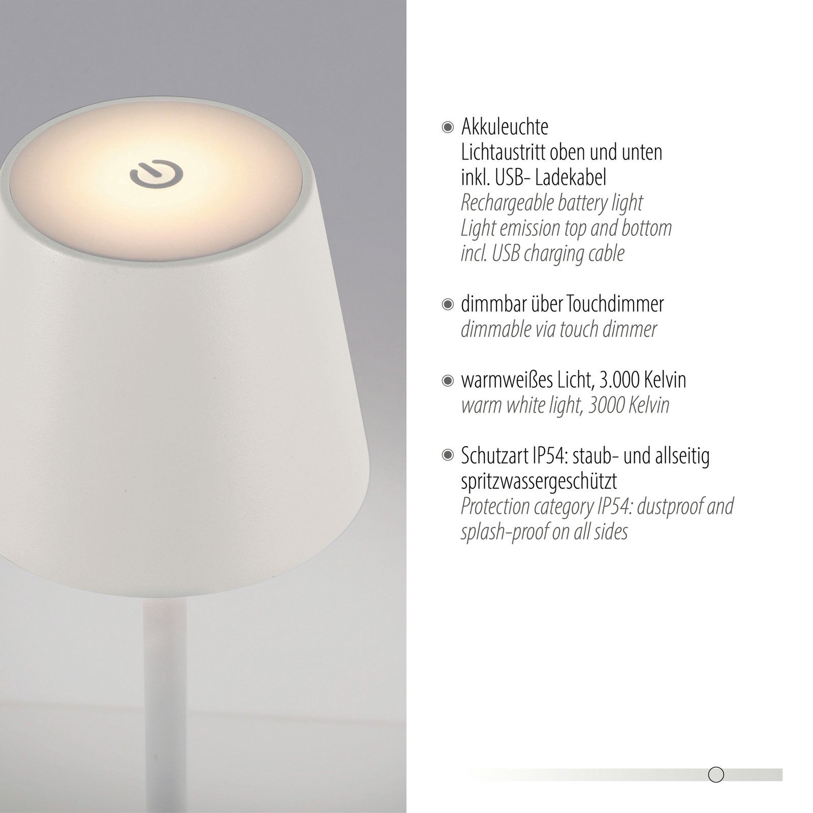 JUST LIGHT. Euria LED namizna svetilka za polnjenje, bela, železo, IP54