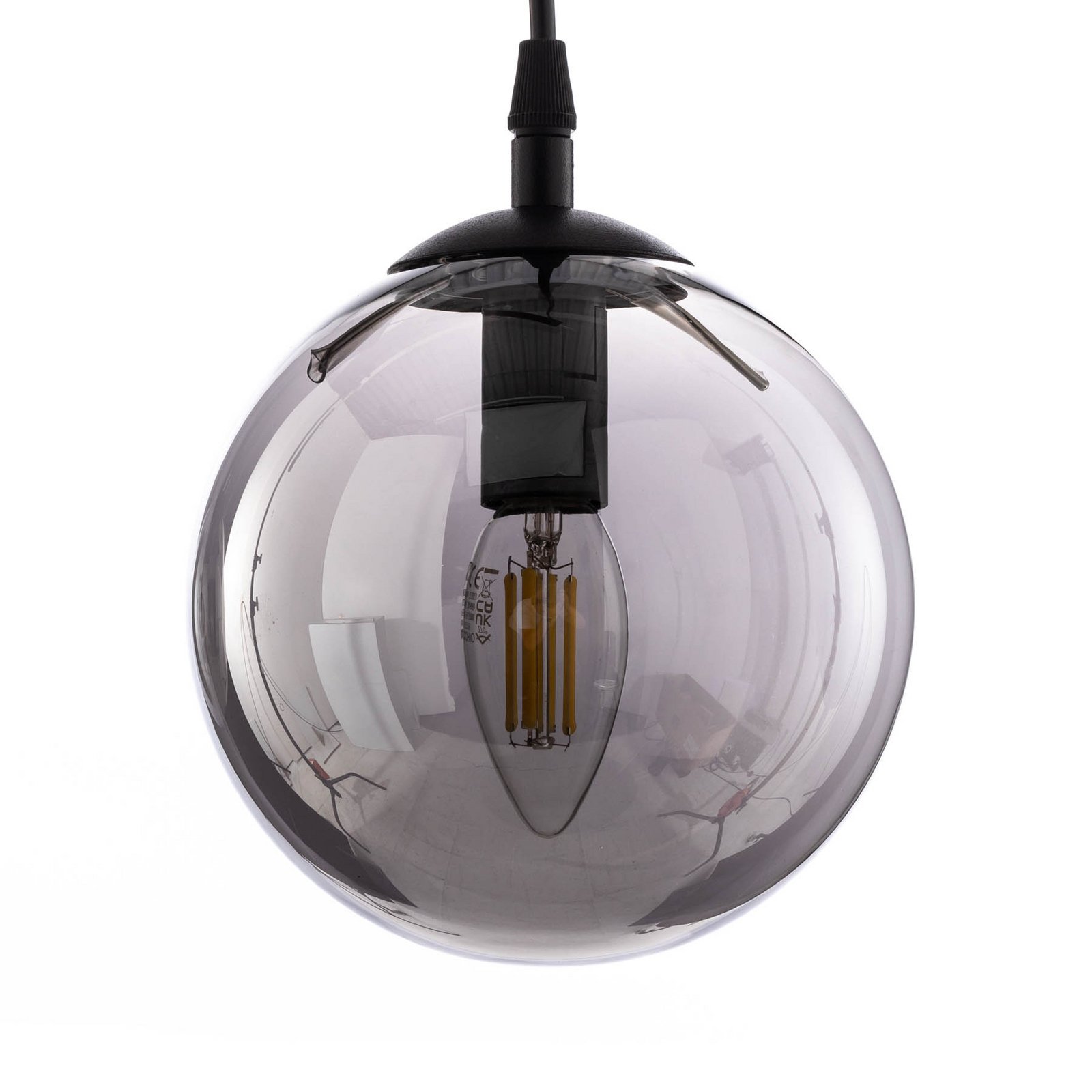 Glassy pendant light, 3-bulb, straight, black, graphite, glass