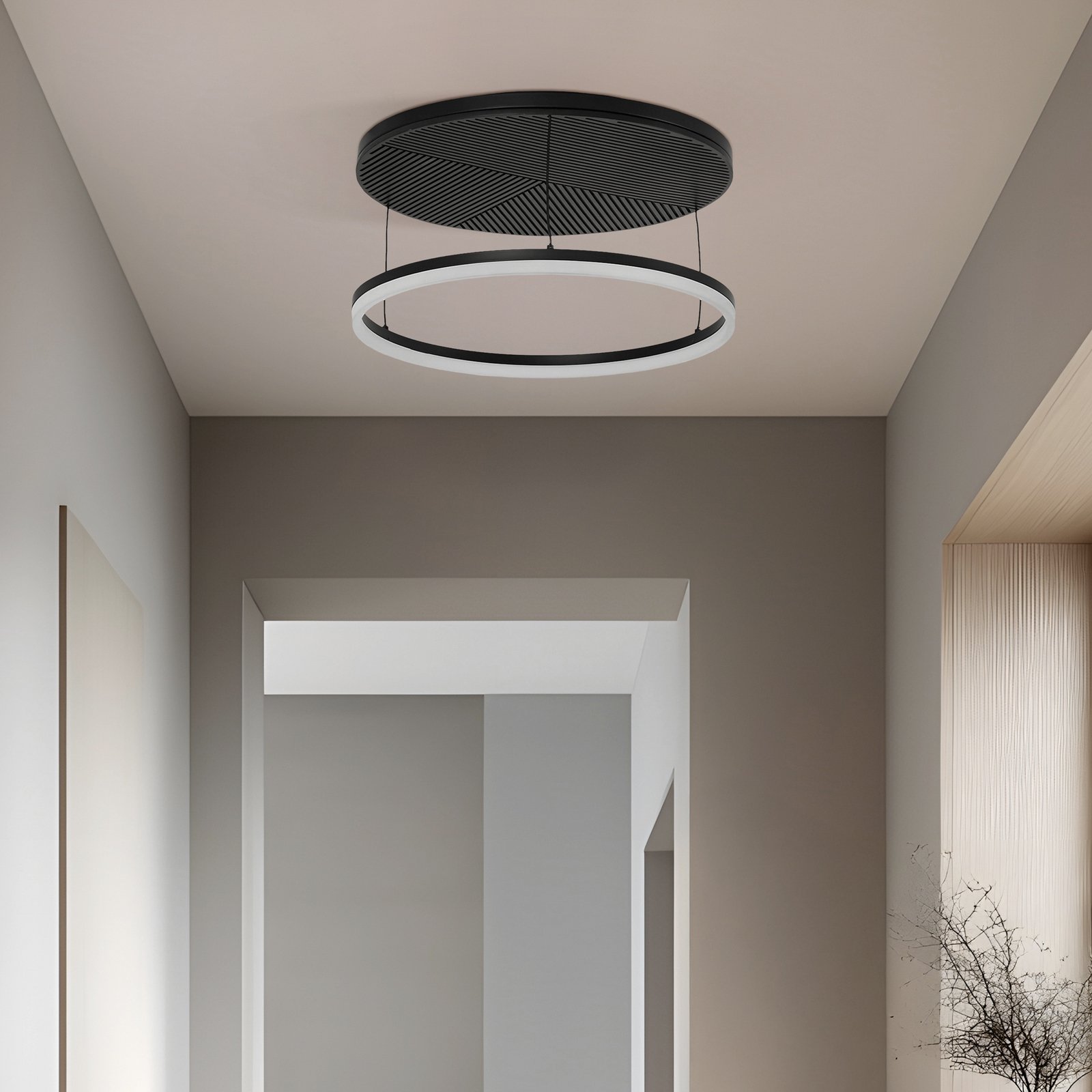 Lucande LED stropní svítidlo Orven, černá/dřevo, Ø50cm, stmívatelné