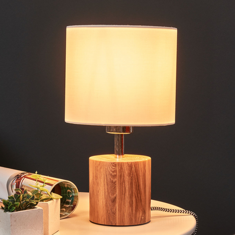 Lampe à poser ronde bois Trongo câble noir-blanc