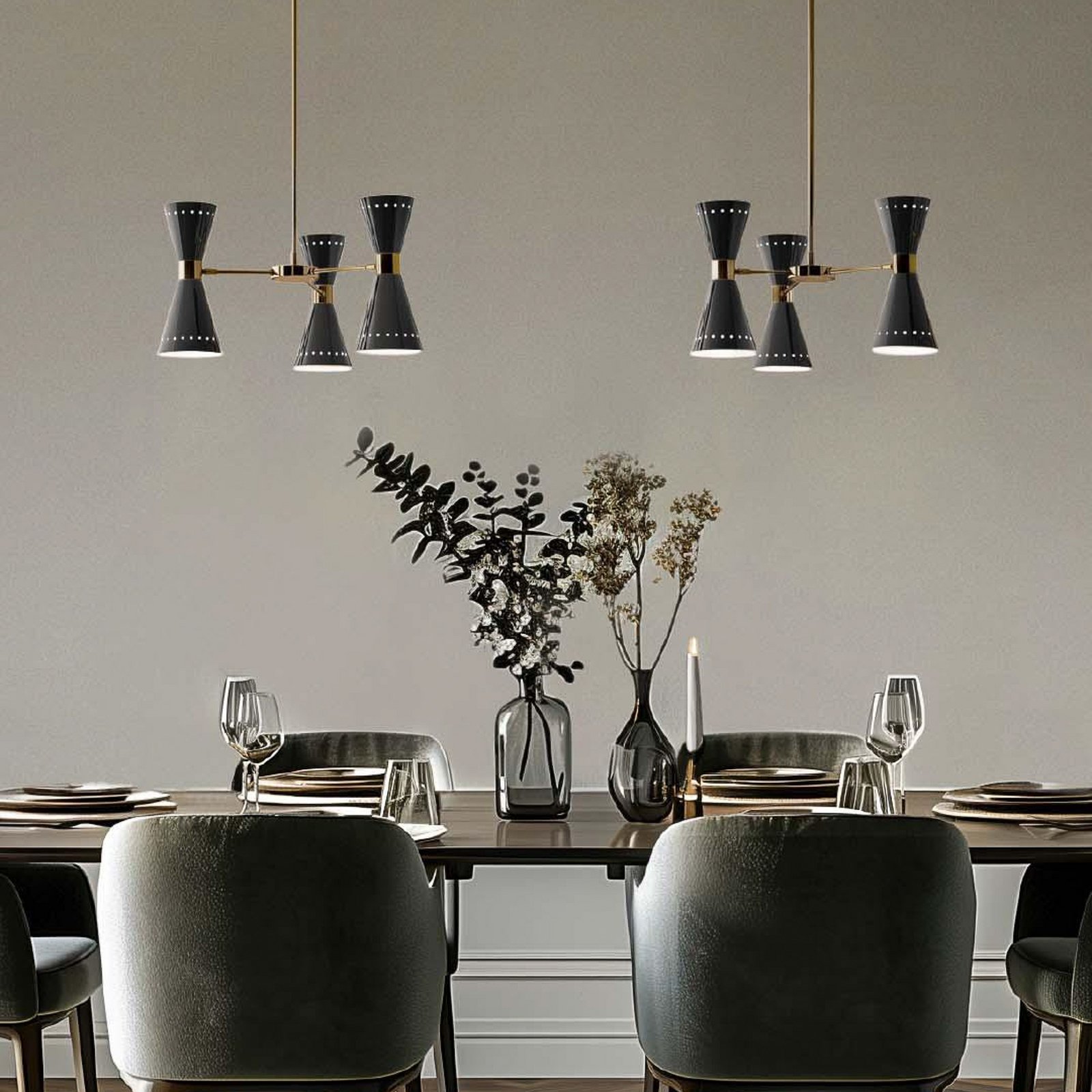 Megafono Pendellampe, schwarz, Länge 54 cm, 6-flg., Stilnovo Megafono Pendellampe, schwarz, Länge 54 cm, 6-flg., Stilnovo