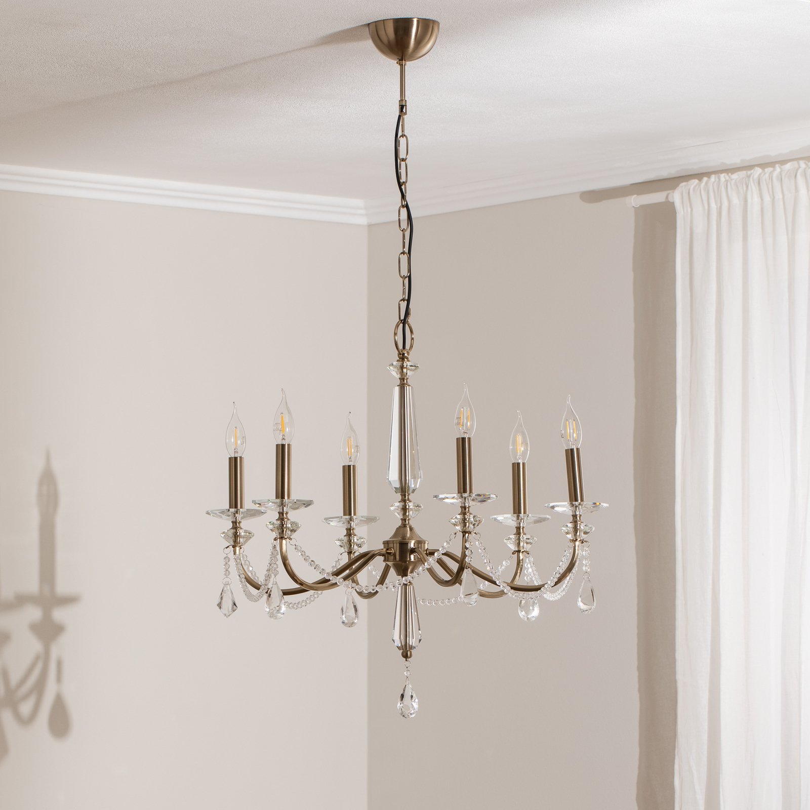 Chandelier Adone, 6-bulb, brass, Ø 70 cm, crystal glass