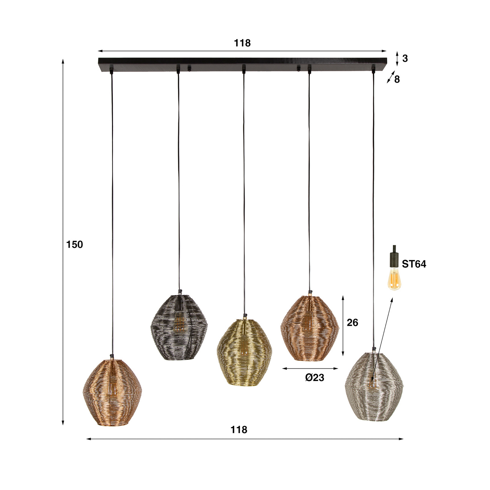 Hängeleuchte Spoelamp, multicolor, Metall, 5-flammig, E27