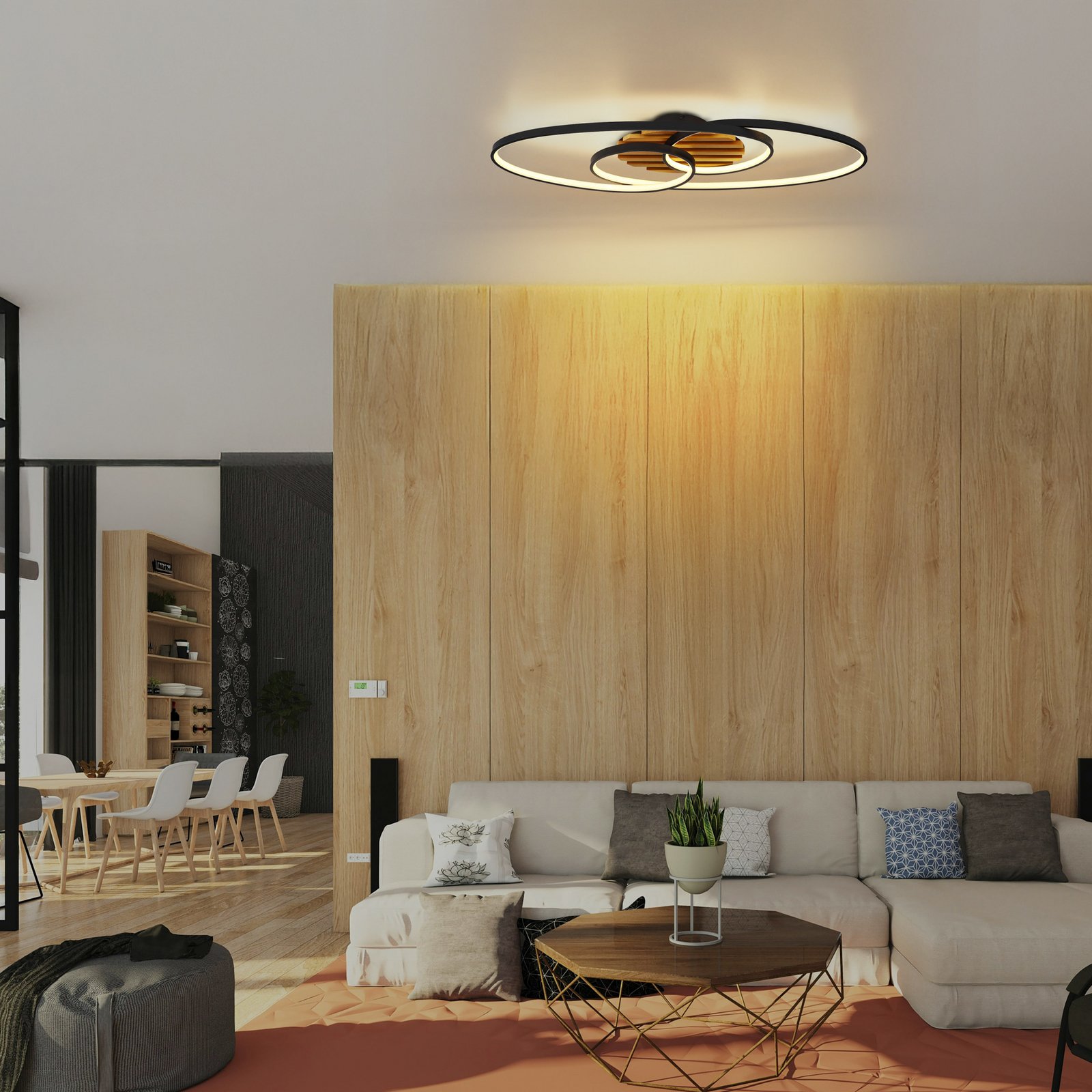 LED lubų šviestuvas „Tisha I“, matinis juodas/medis, ilgis 85 cm