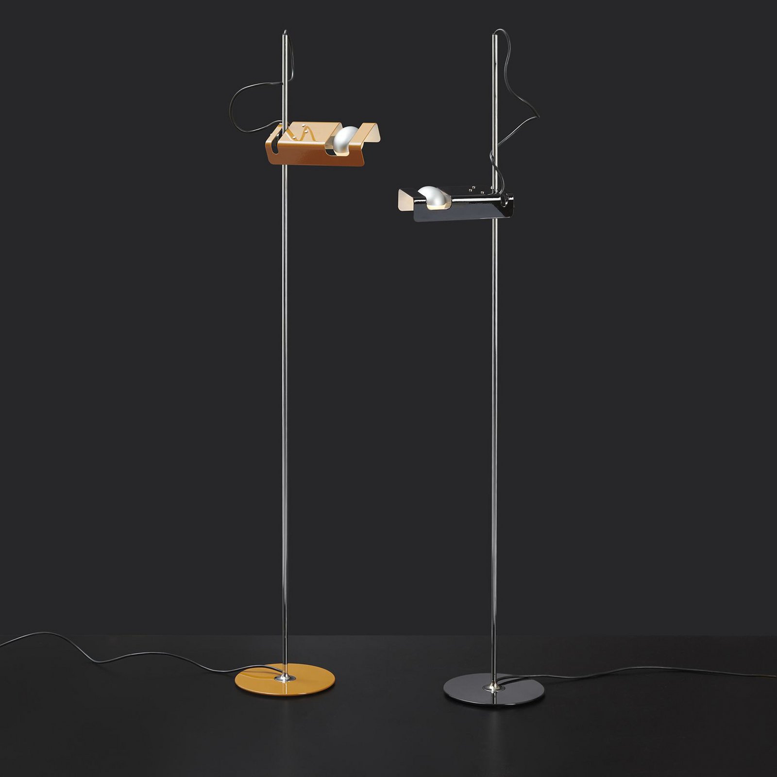 Oluce Spider floor lamp, mustard yellow/chrome, metal, aluminium