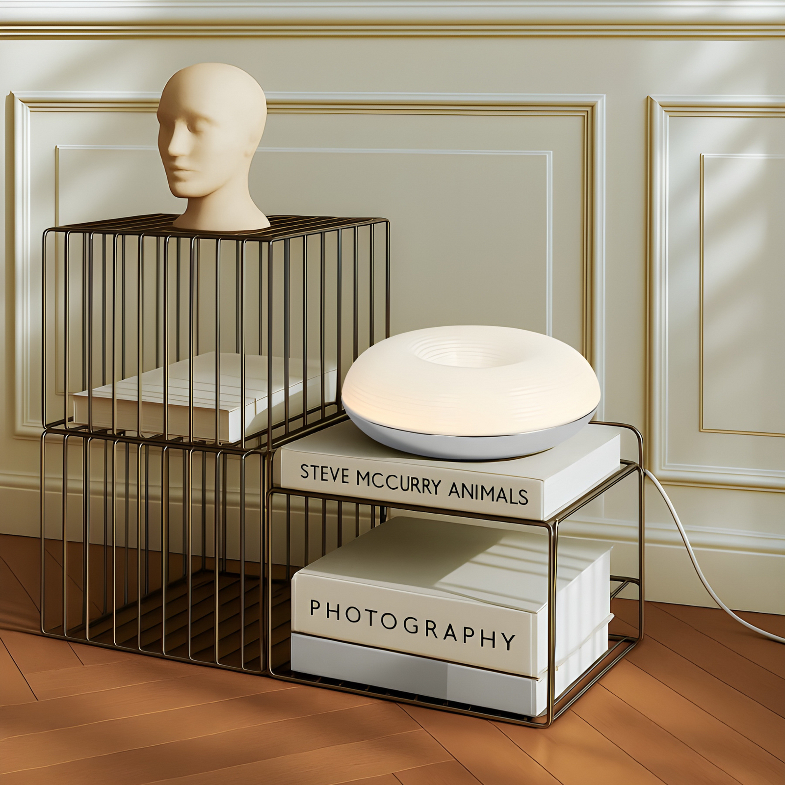 Lindby LED-Tischleuchte Fjora, weiß/chrom, Ø 30 cm, dimmbar