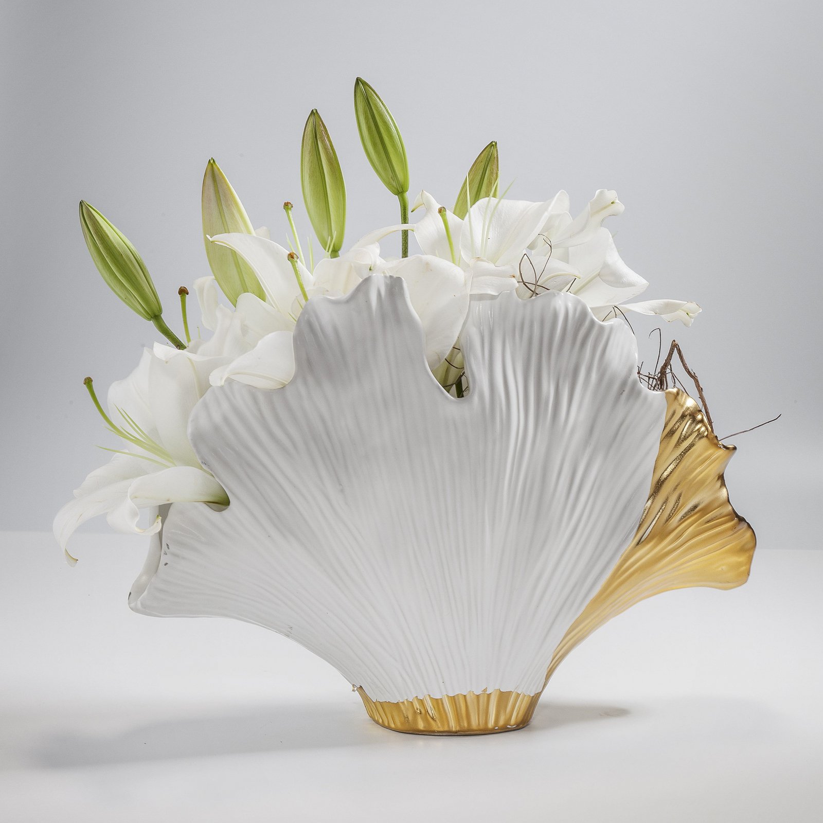 KARE Jarrón Ginkgo Elegance, altura 18 cm, gres, blanco, dorado