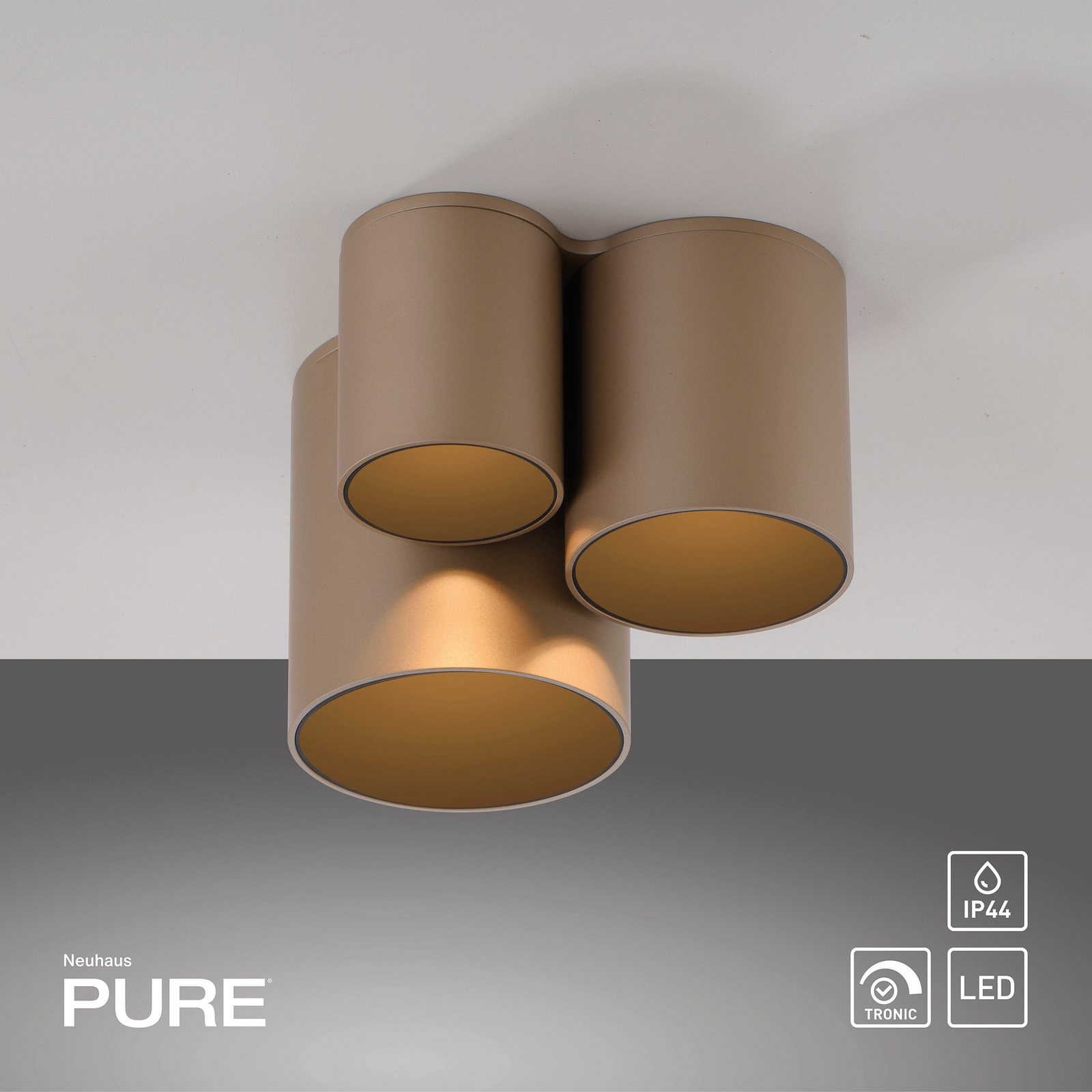 PURE LED лампа за баня Point, бронзов цвят, 18 cm, 3-крилна.