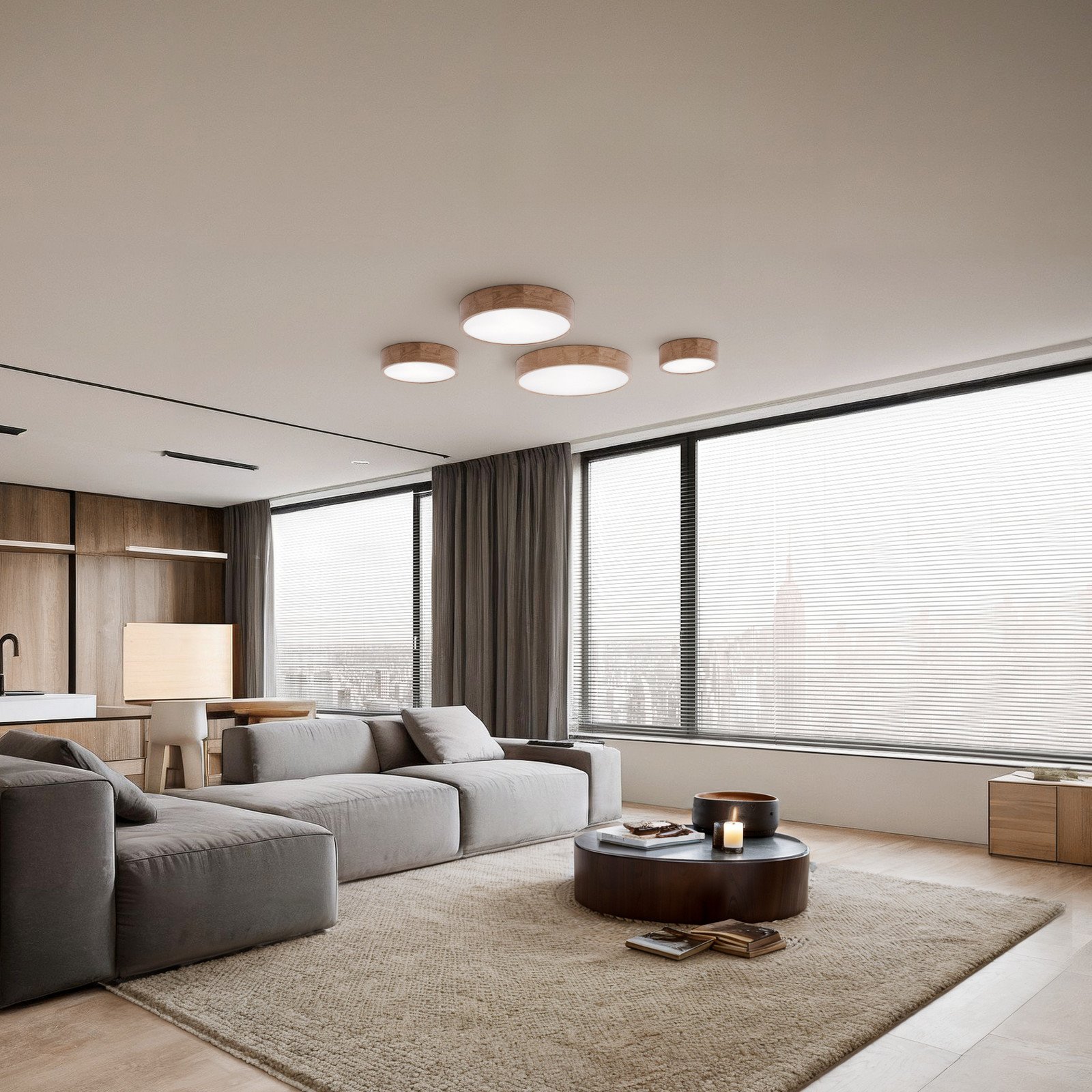 TEMAR LIGHTING Plafonieră Cleo DR800 lemn de stejar Ø 80 cm 6 becuri E27 - Camera de zi / sufragerie - Modern - stejar alb