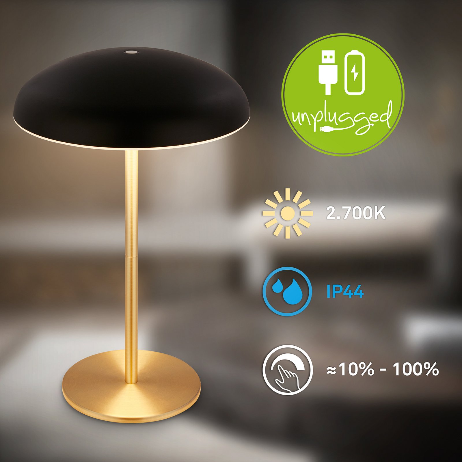 LED-akutoitega laualamp Brilo unplugged Caxa, must/messing