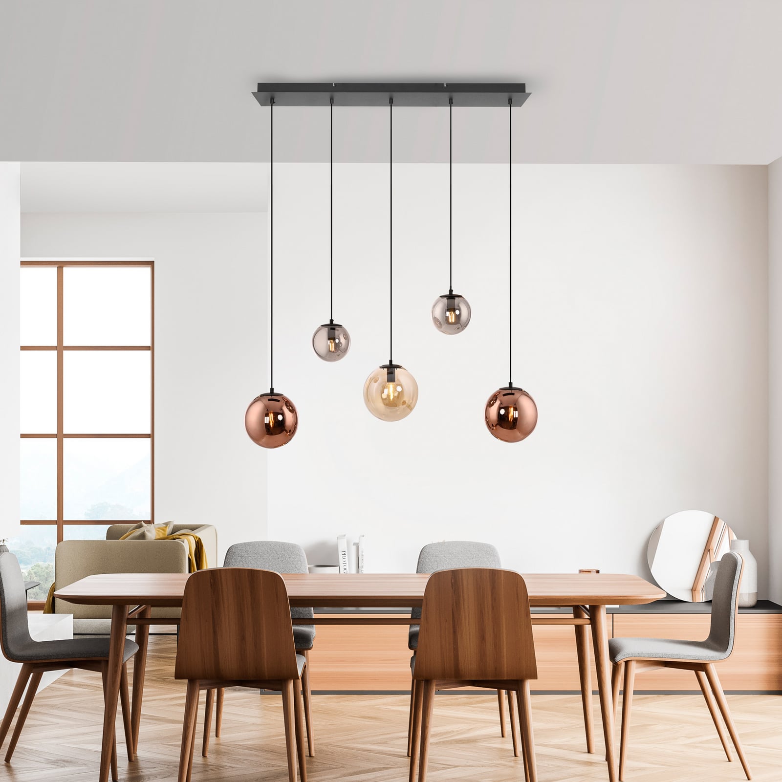 Shiny pendant light, 5-bulb, long, multicoloured, glass, E14 Shiny pendant light, 5-bulb, long, multicoloured, glass, E14