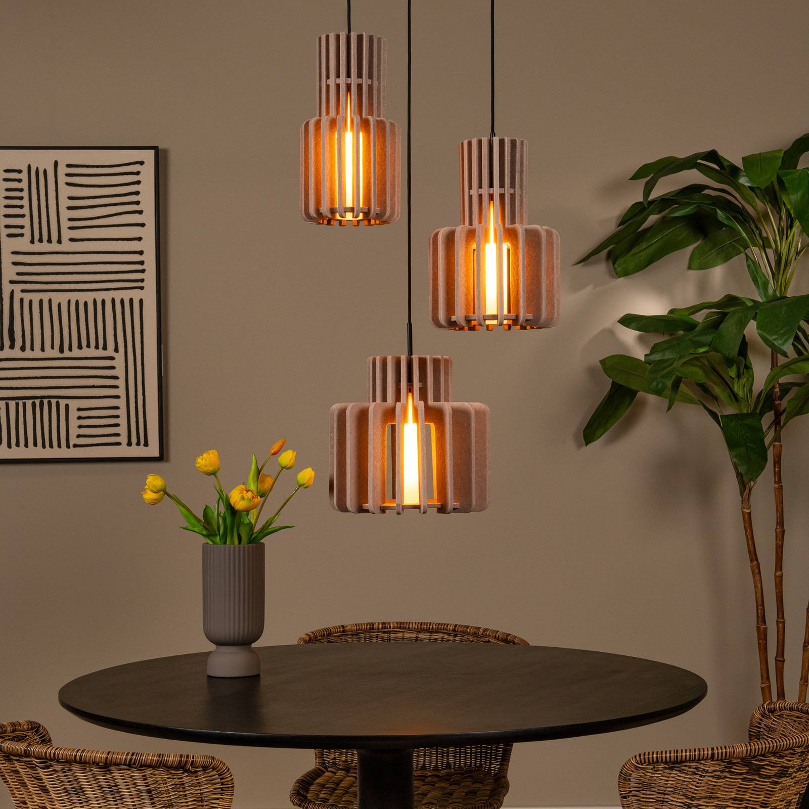 Hängelampe Rollo, taupe, Ø 50 cm, Stoff/Metall/Glas, 3-flg. günstig online kaufen