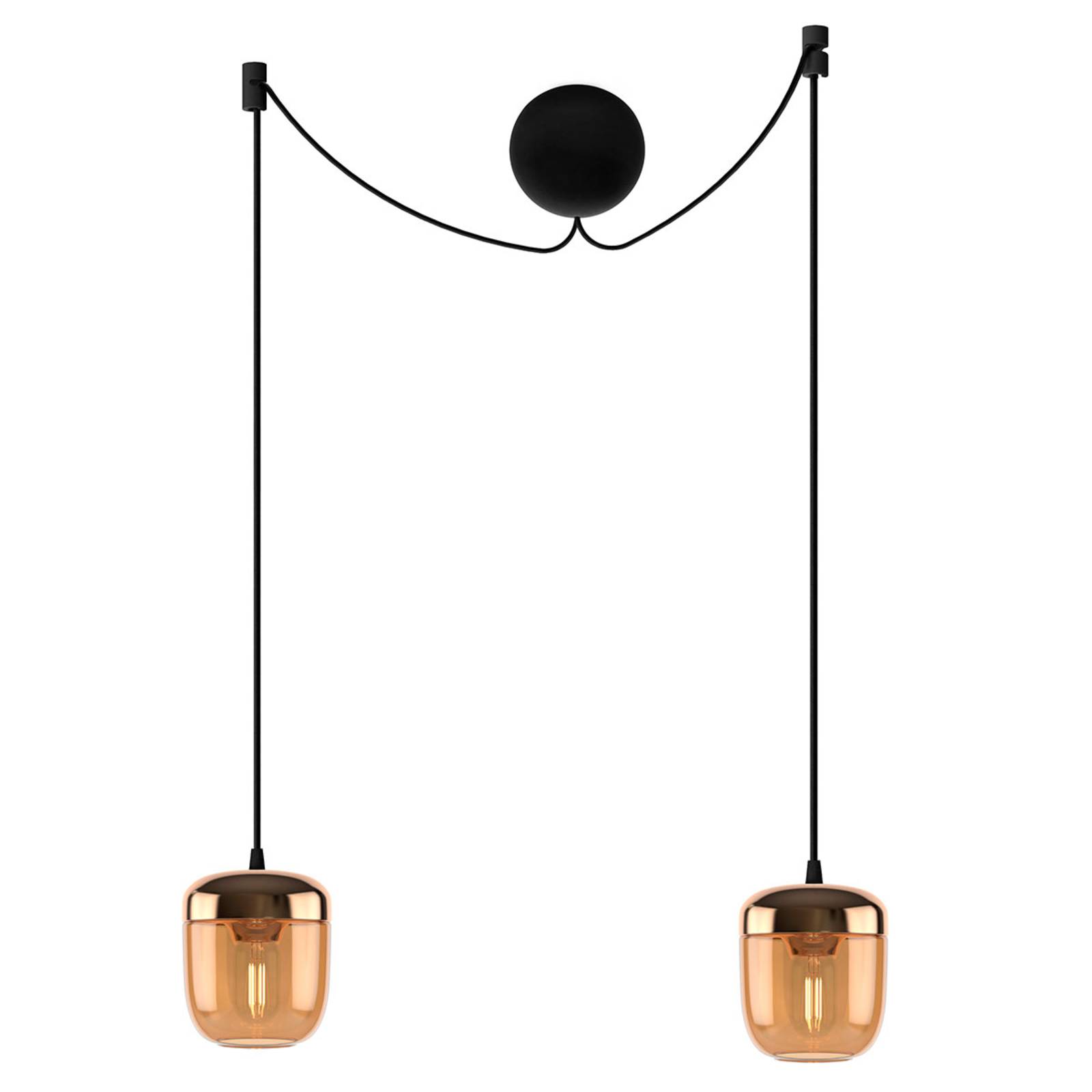 UMAGE Acorn hanging lamp two-bulb amber brass, for Living / Dining Room, glass, aluminium, textile, silicone, E27, 15 W, energy efficiency: A++, H: 16 cm