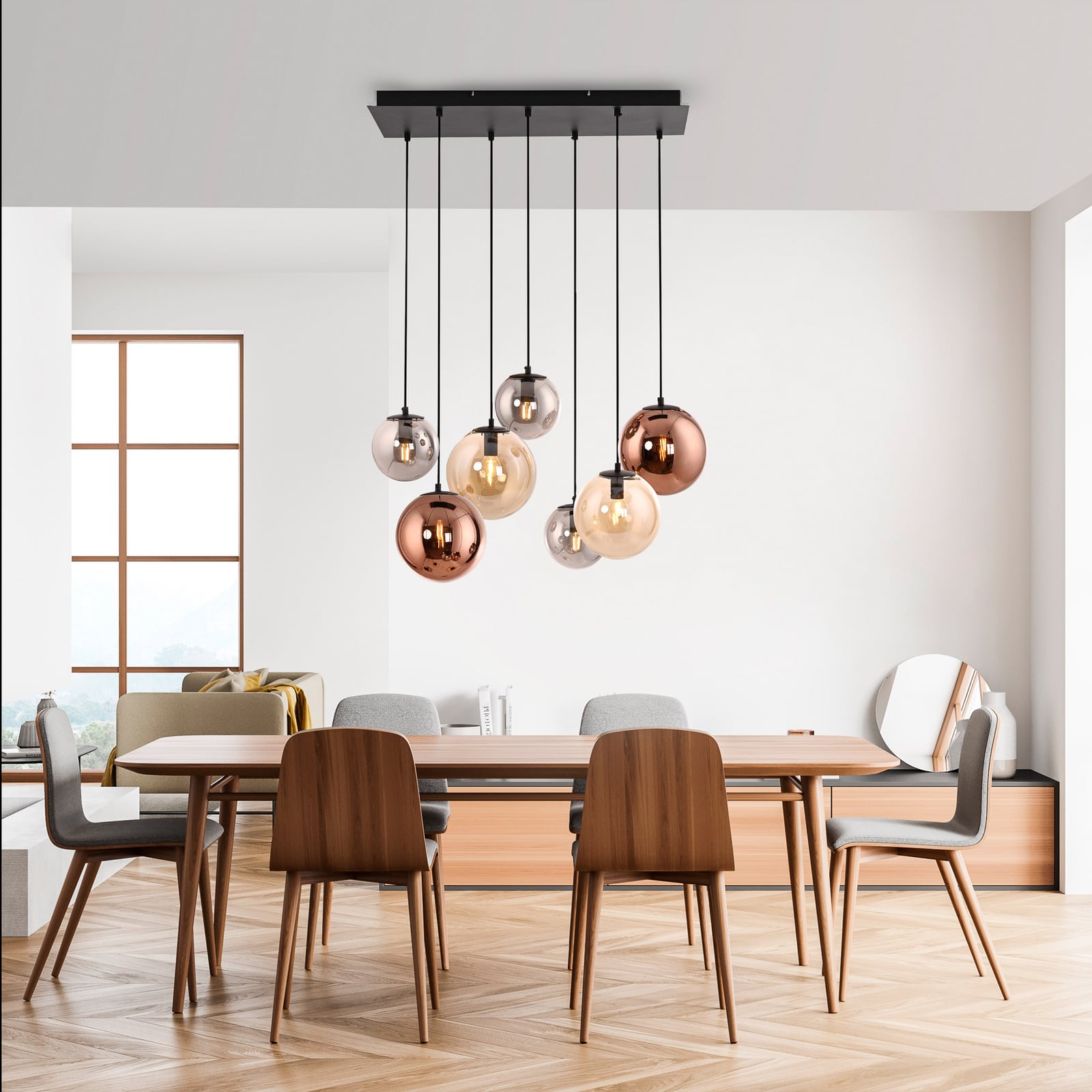 Shiny pendant light, 7-bulb, long, multicoloured, glass, E14