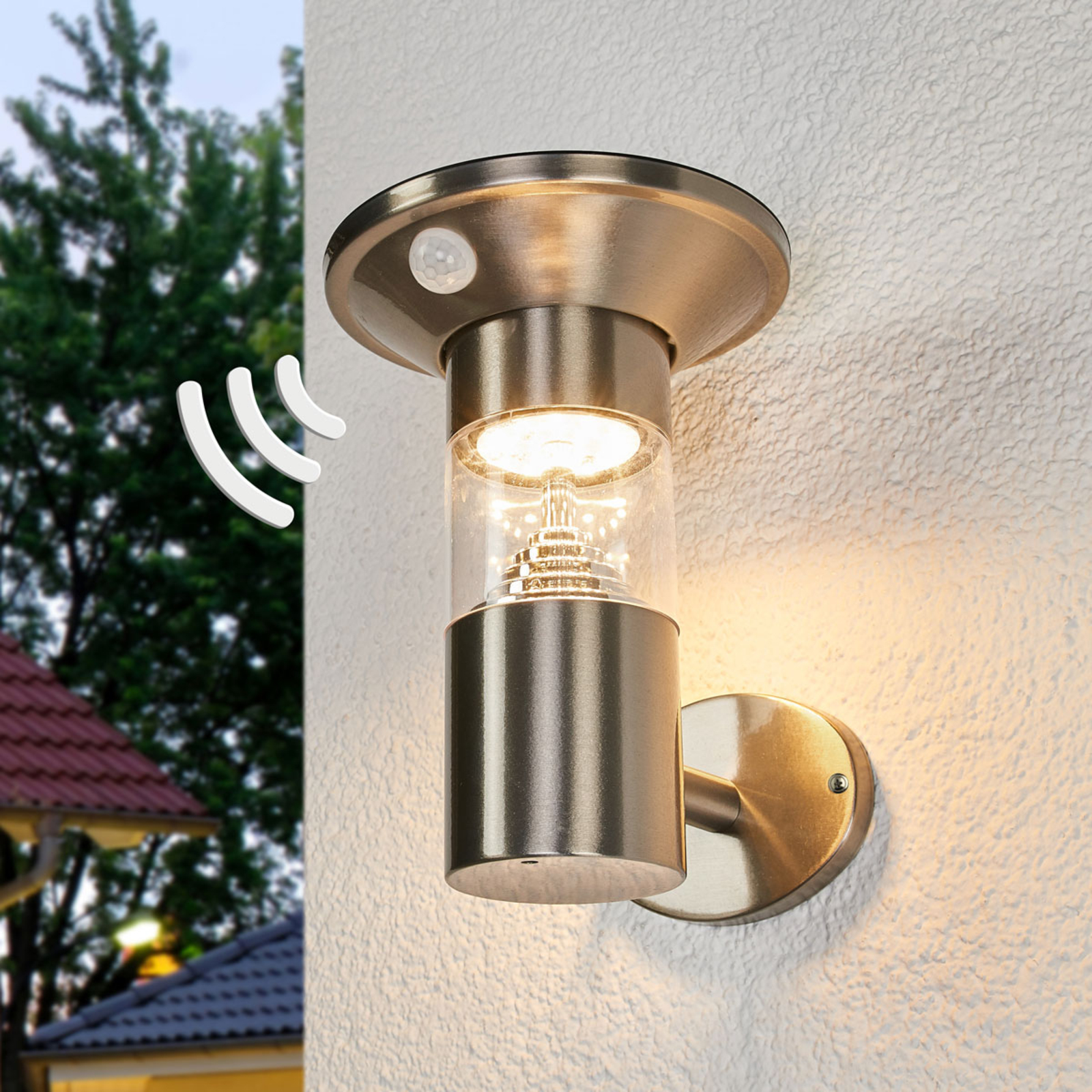 Lindby LED solar wall light Jalisa, sensor, stainless steel, polycarbonate, 2.7 W, energy efficiency: A+, W: 16 cm, H: 21 cm