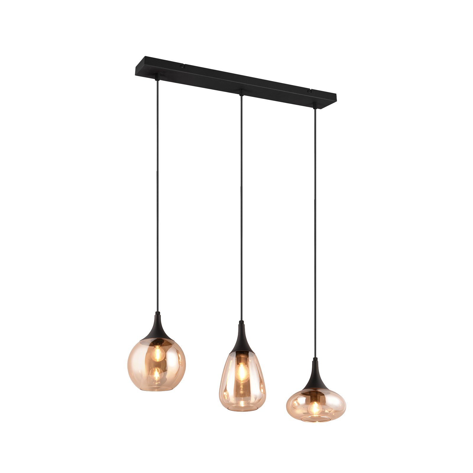 LUMINA pendant light, 3-bulb, black/amber, glass
