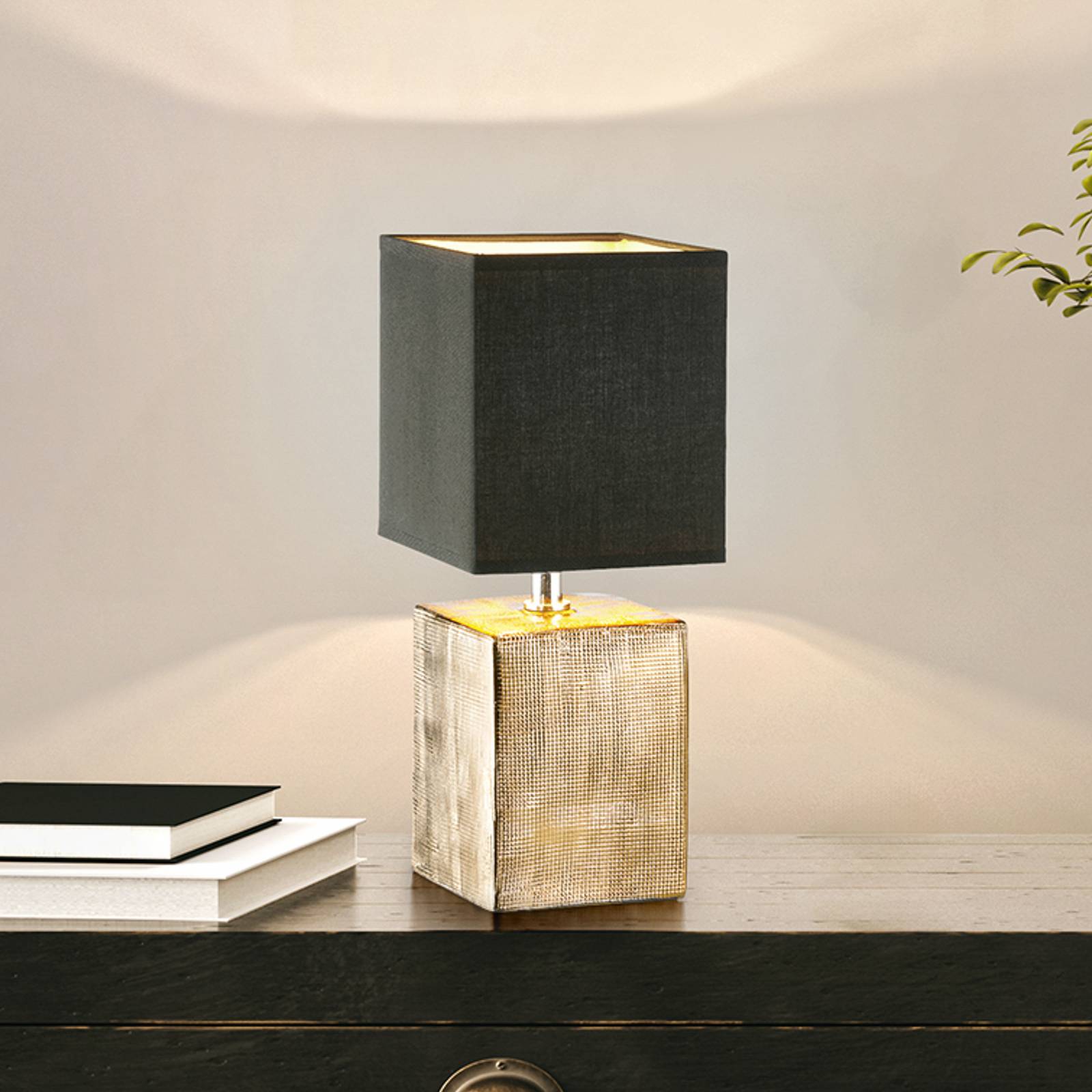 Tischlampe Ouro, schwarz/bronze antik, 35 cm, Textil/Keramik günstig online kaufen