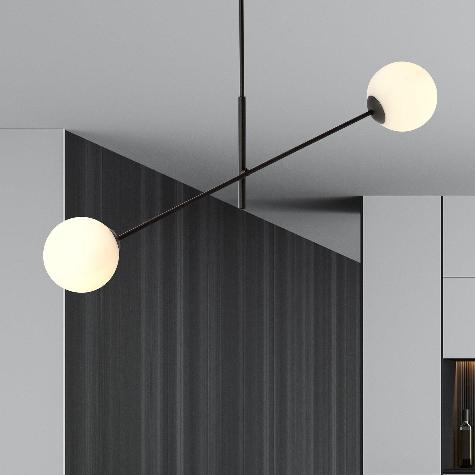 Linear ceiling lamp, black/opal, two-bulb