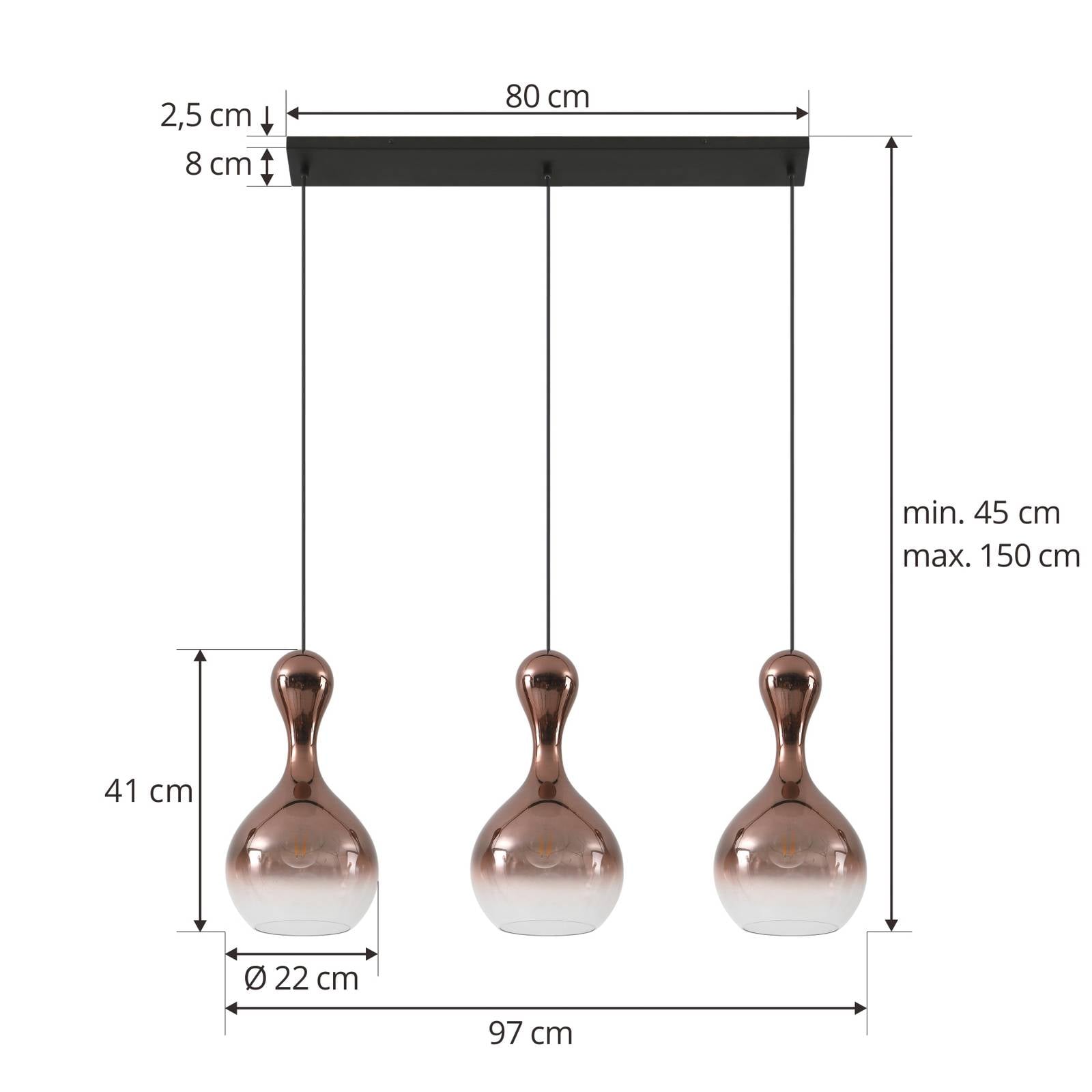 Lampa wisząca Lucande Lyrisa, 3-punktowa, kolor miedziany, szkło, 22 cm