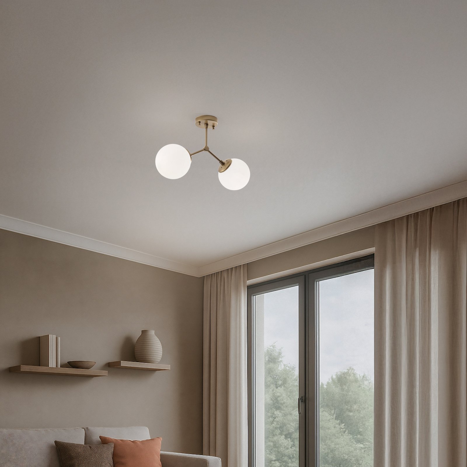 Plafoniera Damar, oro, vetro, a 2 luci, lunghezza 44 cm, E27