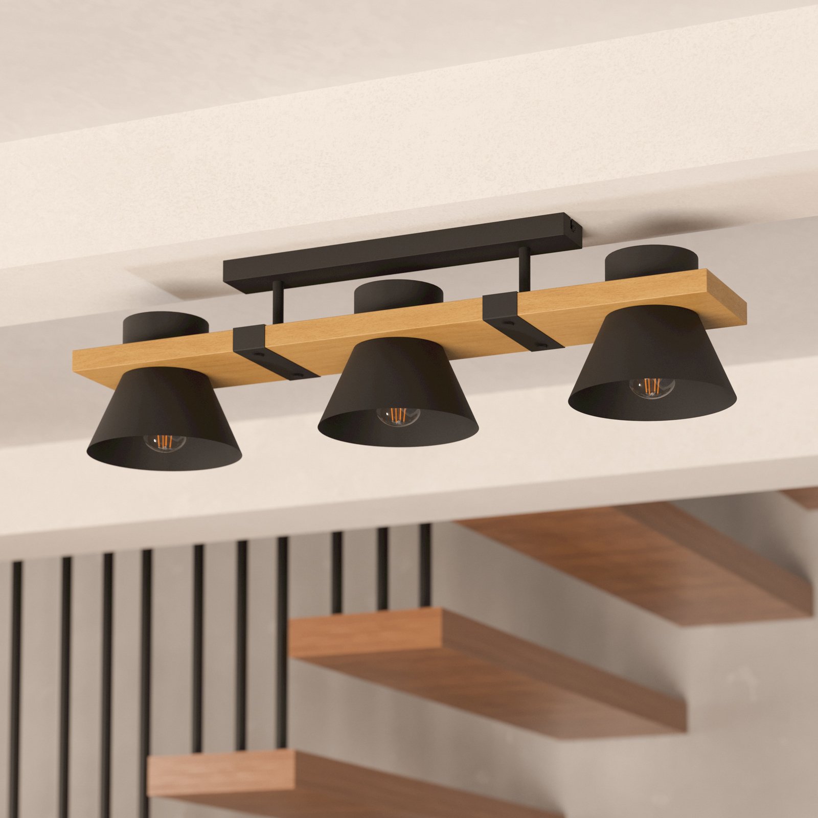 Plafondlamp Maccles in zwart met hout, 3-lamps