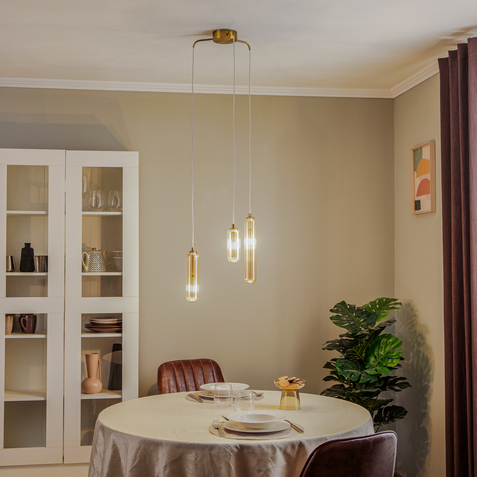 Lucande Freylin hanglamp, 3-lamps, amber, glas, 38 cm