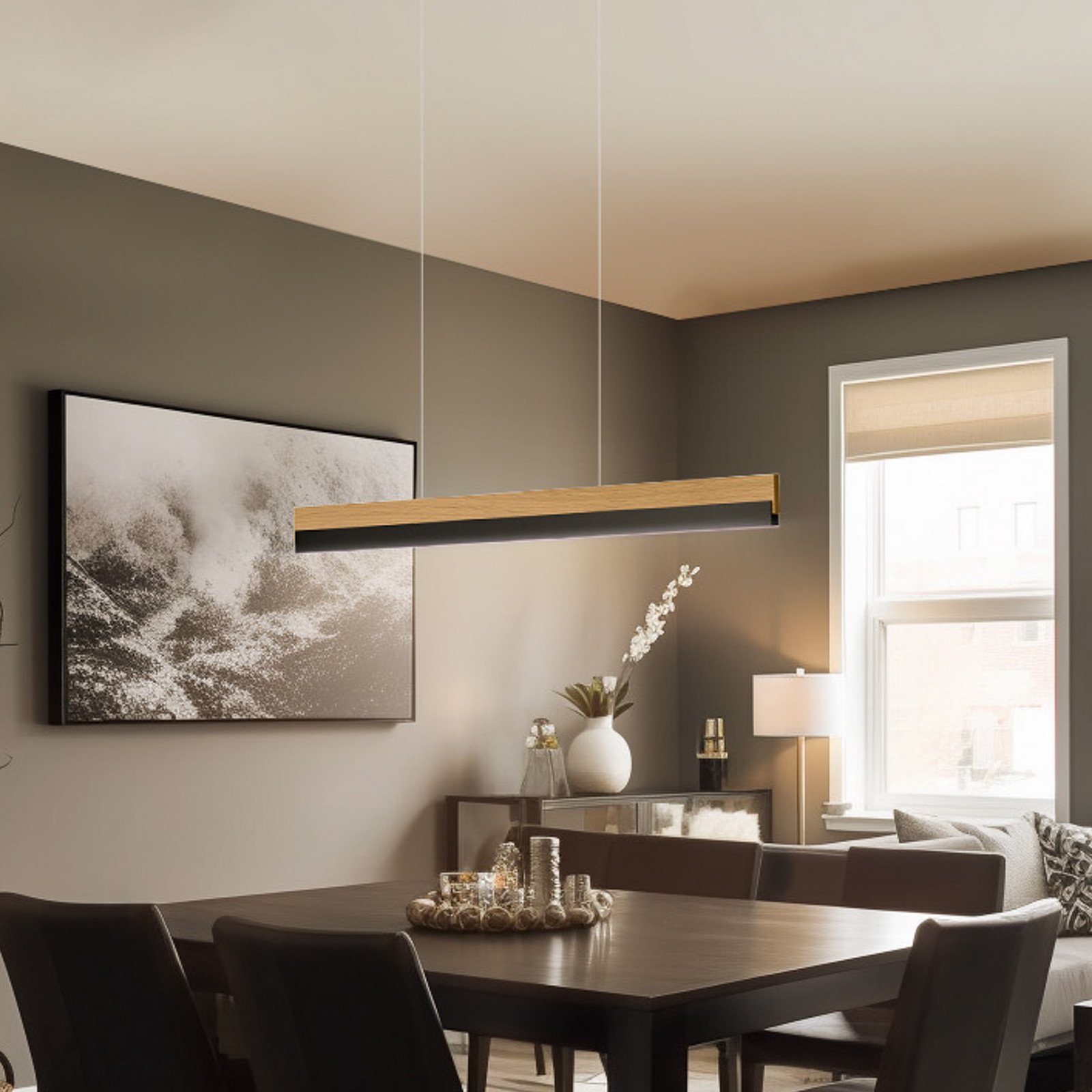 Lampă suspendată Quitani LED Keijo negru/cah 98cm - Camera de zi / sufragerie - Casă de țară / Rustic - stejar natural negru mat - Lemn
