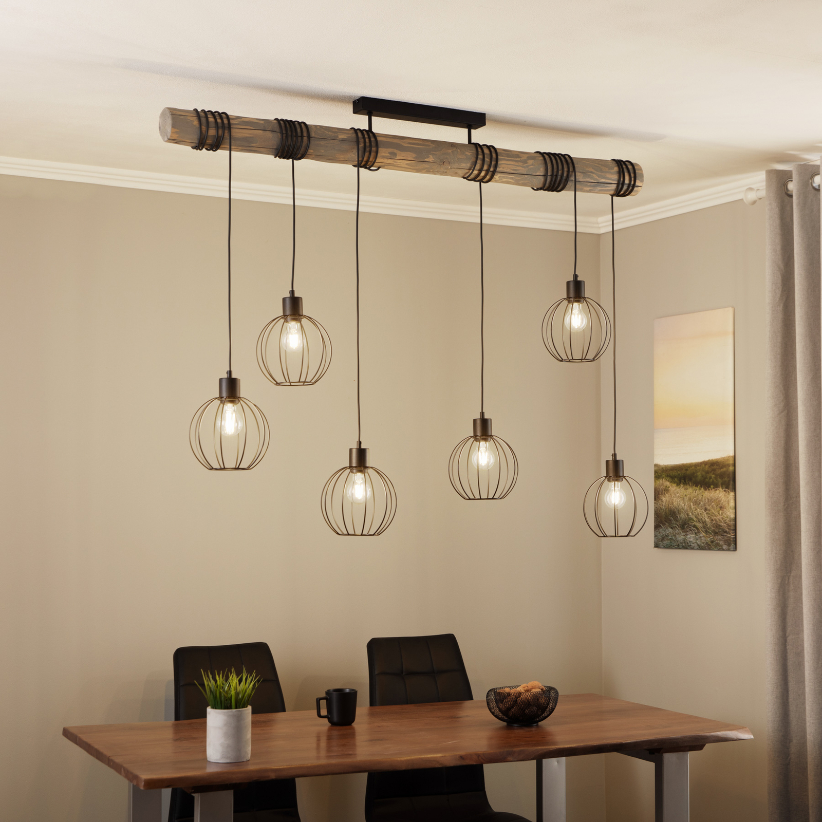 Plafondlamp Karou, 6-lamps, dennenhout, grijs