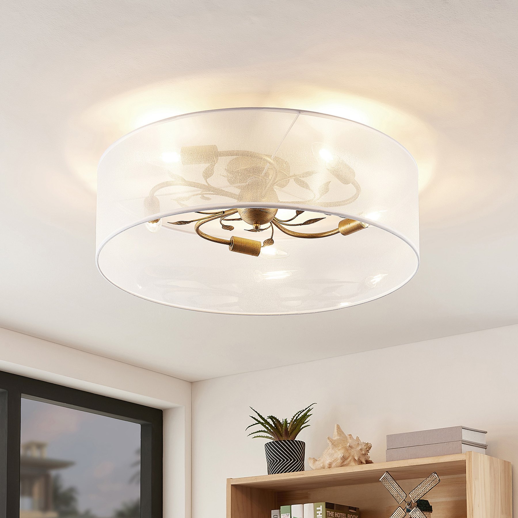 Lindby Tarik fabric ceiling lamp, white, 60 cm, for Living / Dining Room, fabric, metal, E14, 40 W, energy efficiency: A++, H: 19.6 cm