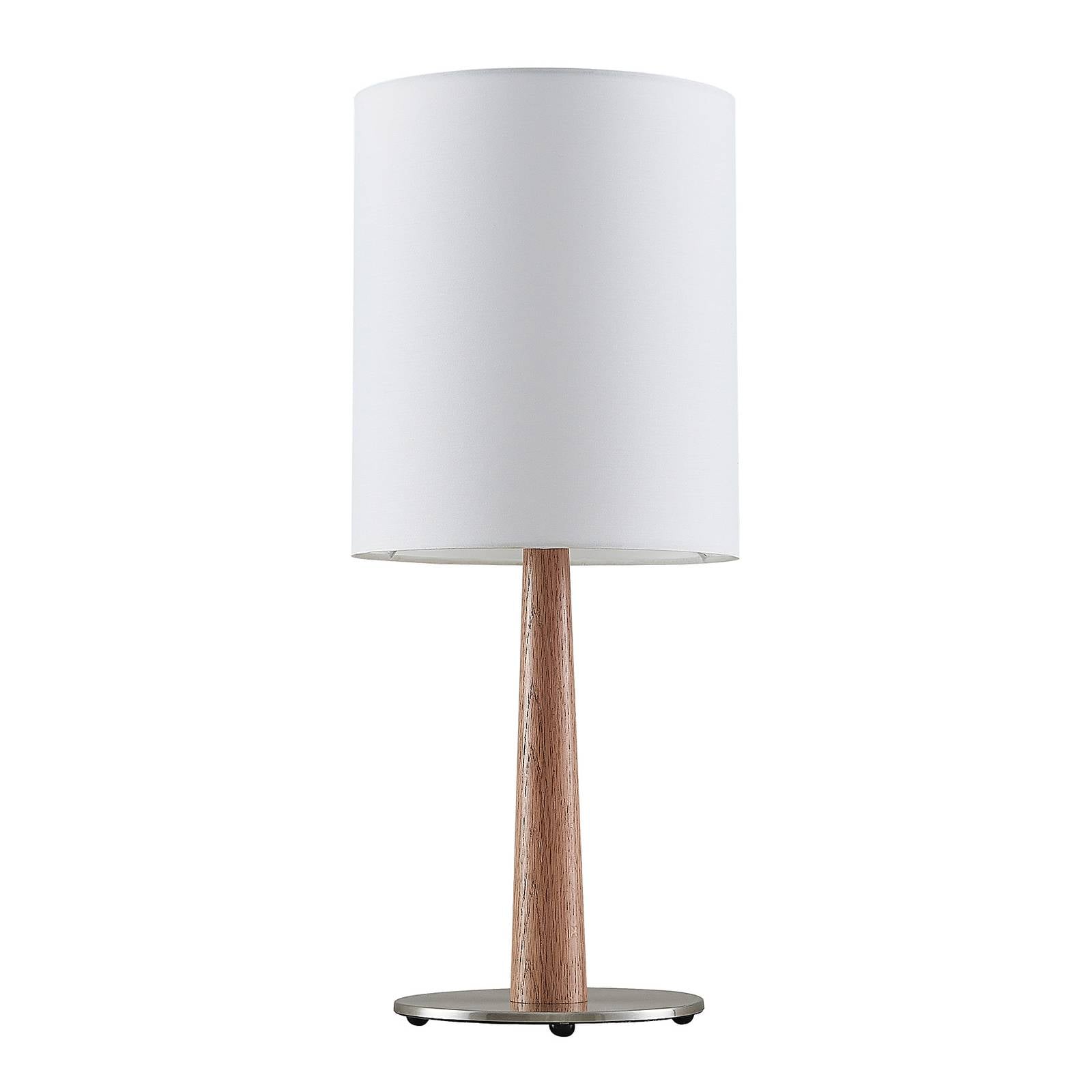 Lucande Heily lámpara mesa cilindro, 30 cm, blanco, para salón / comedor, hierro, tejido, madera de roble, E27, 60 W, altura: 60 cm