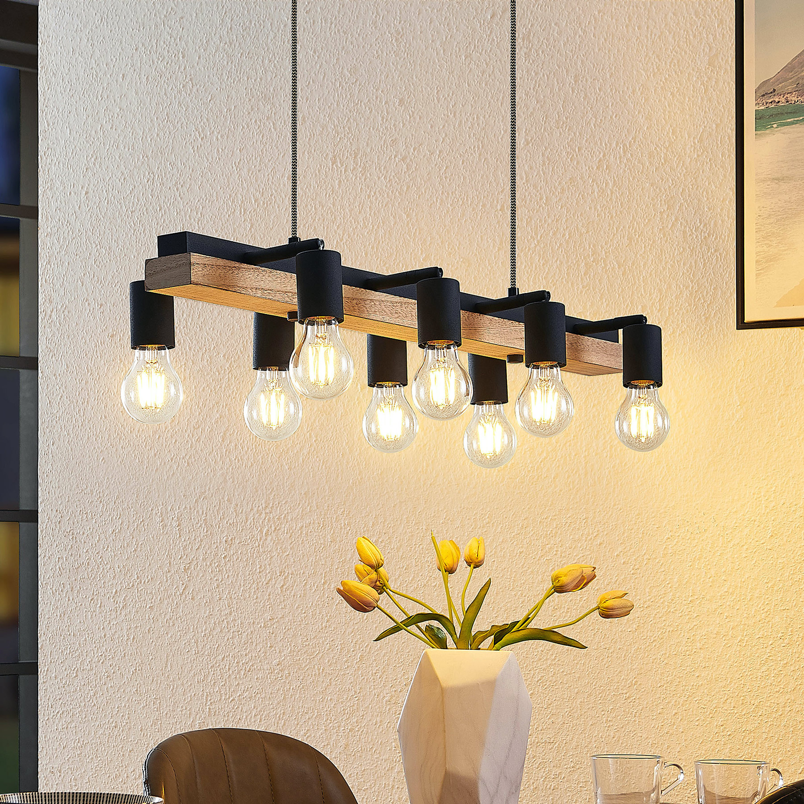 Lindby Morleen - suspension, 8 lampes, bois clair