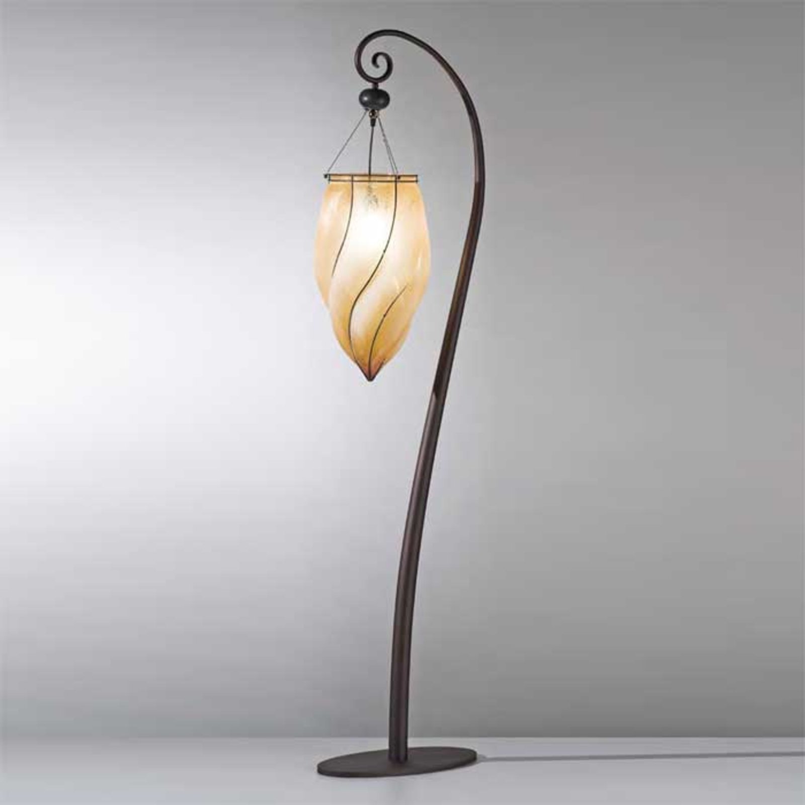 Siru Charming POZZO floor lamp, handmade, for Living / Dining Room, scavo glass, stainless steel, E27, 150 W, energy efficiency: A++, W: 31 cm, H: 191 cm