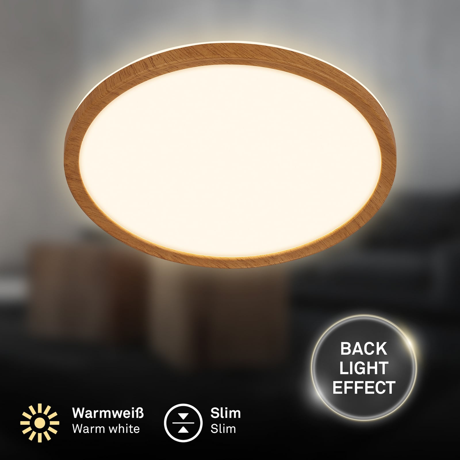 LED-taklampa Tava Wood, Ø 29 cm, plast, 3 000 K